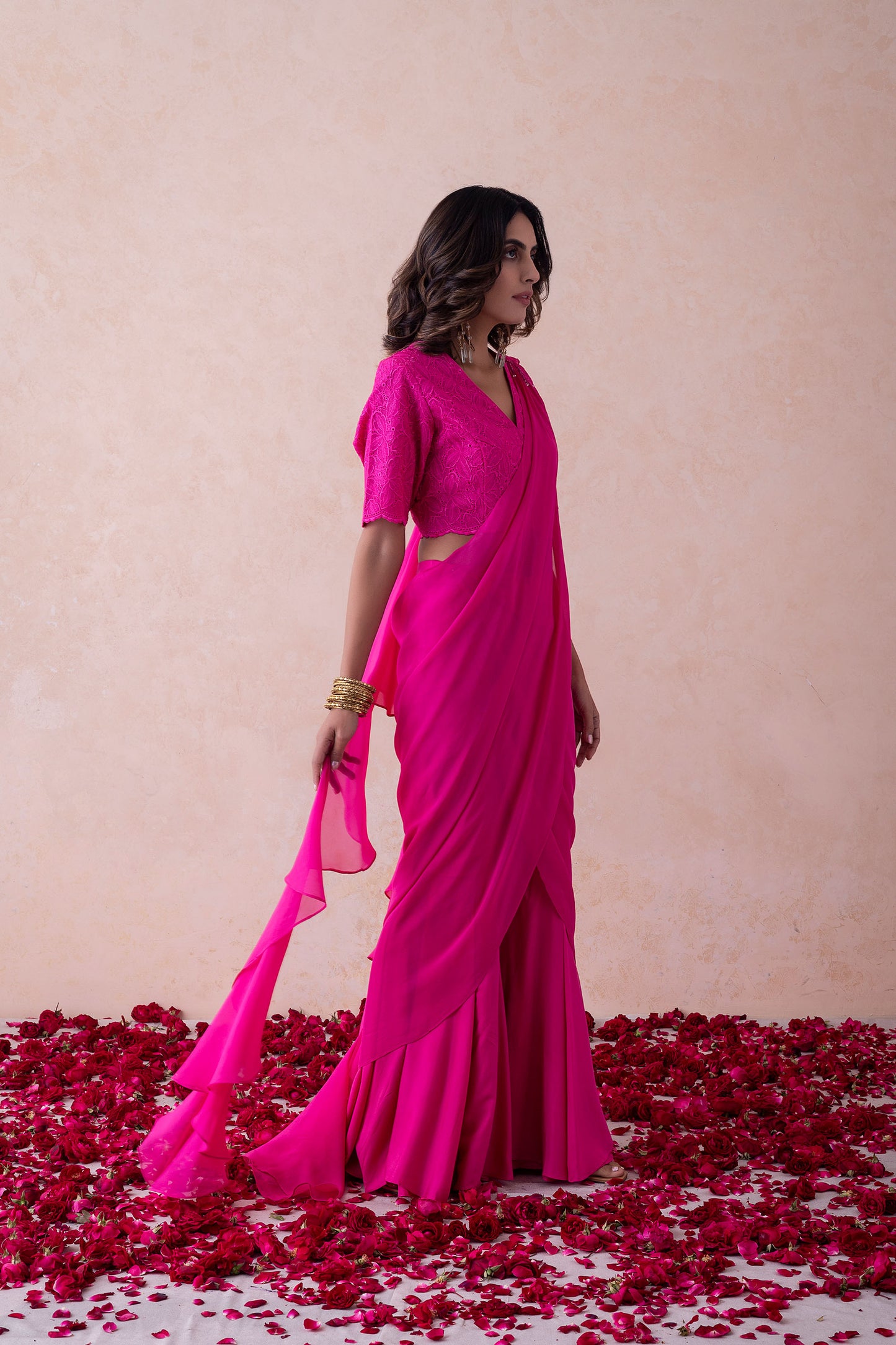 Bebo Hot Pink Organza Halter Neck schiffli embroidery Top & Sharara Set