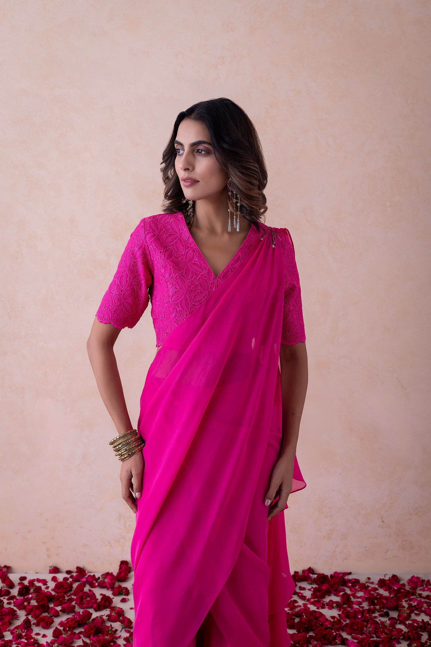 Bebo Hot Pink Organza Halter Neck schiffli embroidery Top & Sharara Set
