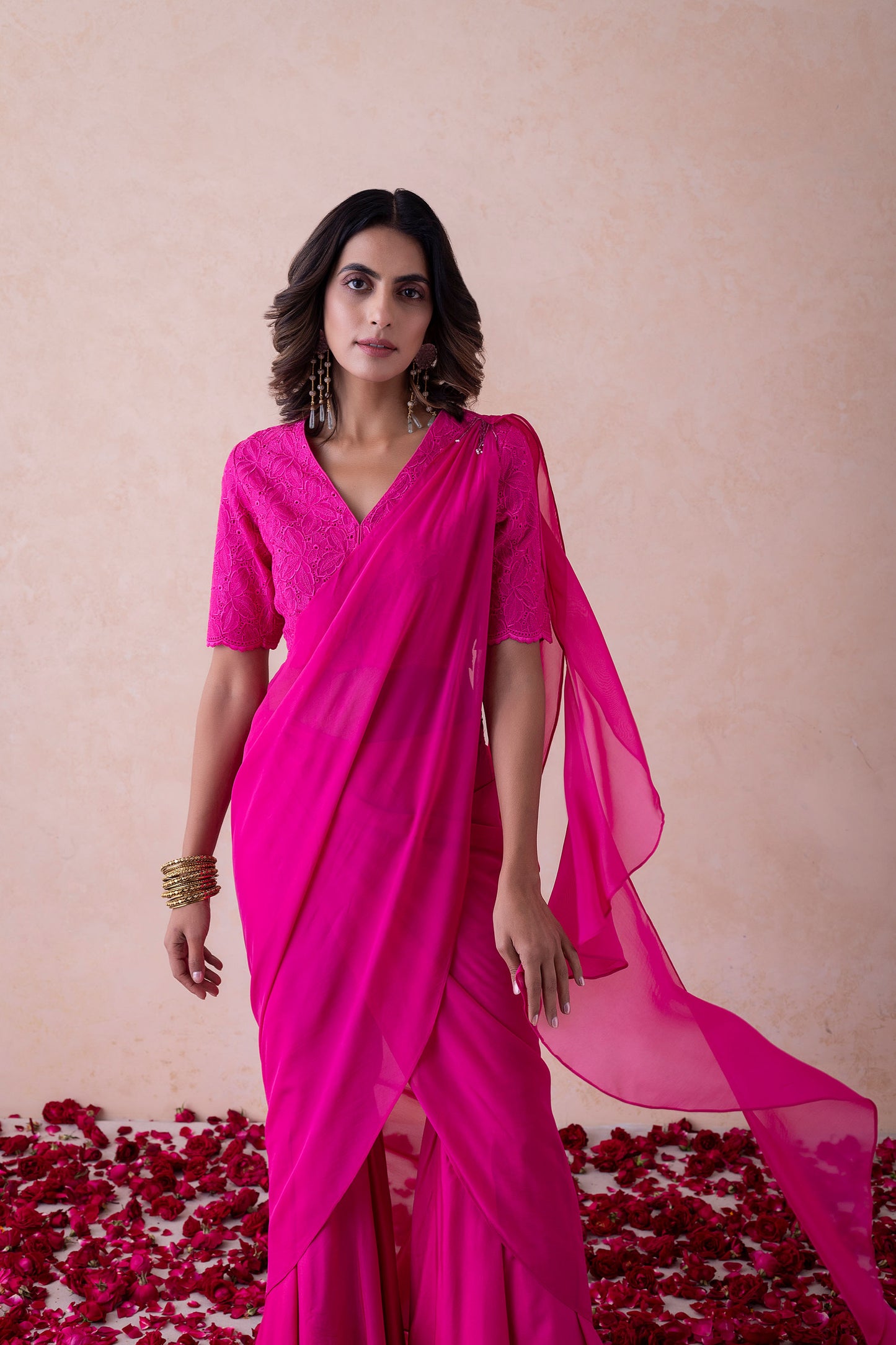 Bebo Hot Pink Organza Halter Neck schiffli embroidery Top & Sharara Set