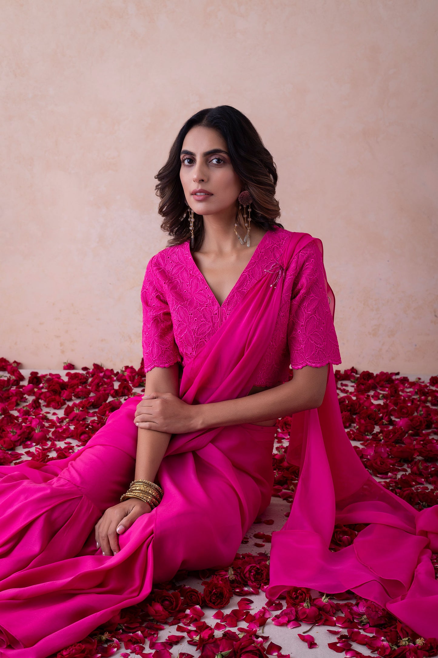 Bebo Hot Pink Organza Halter Neck schiffli embroidery Top & Sharara Set