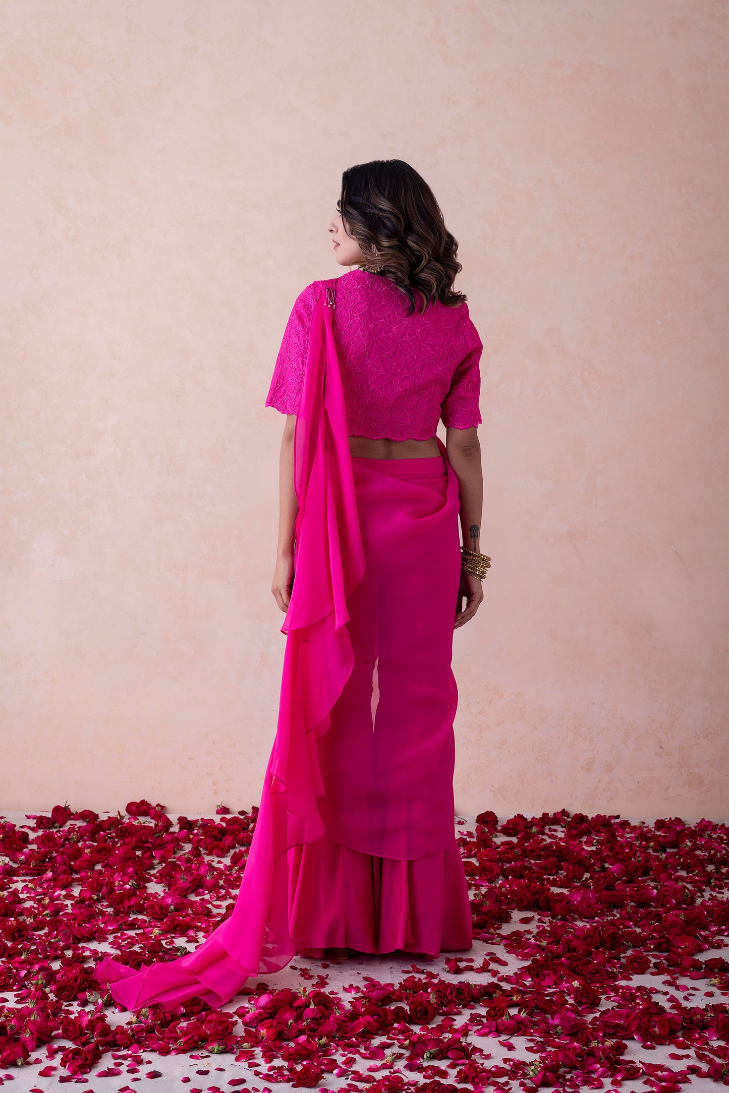 Bebo Hot Pink Organza Halter Neck schiffli embroidery Top & Sharara Set