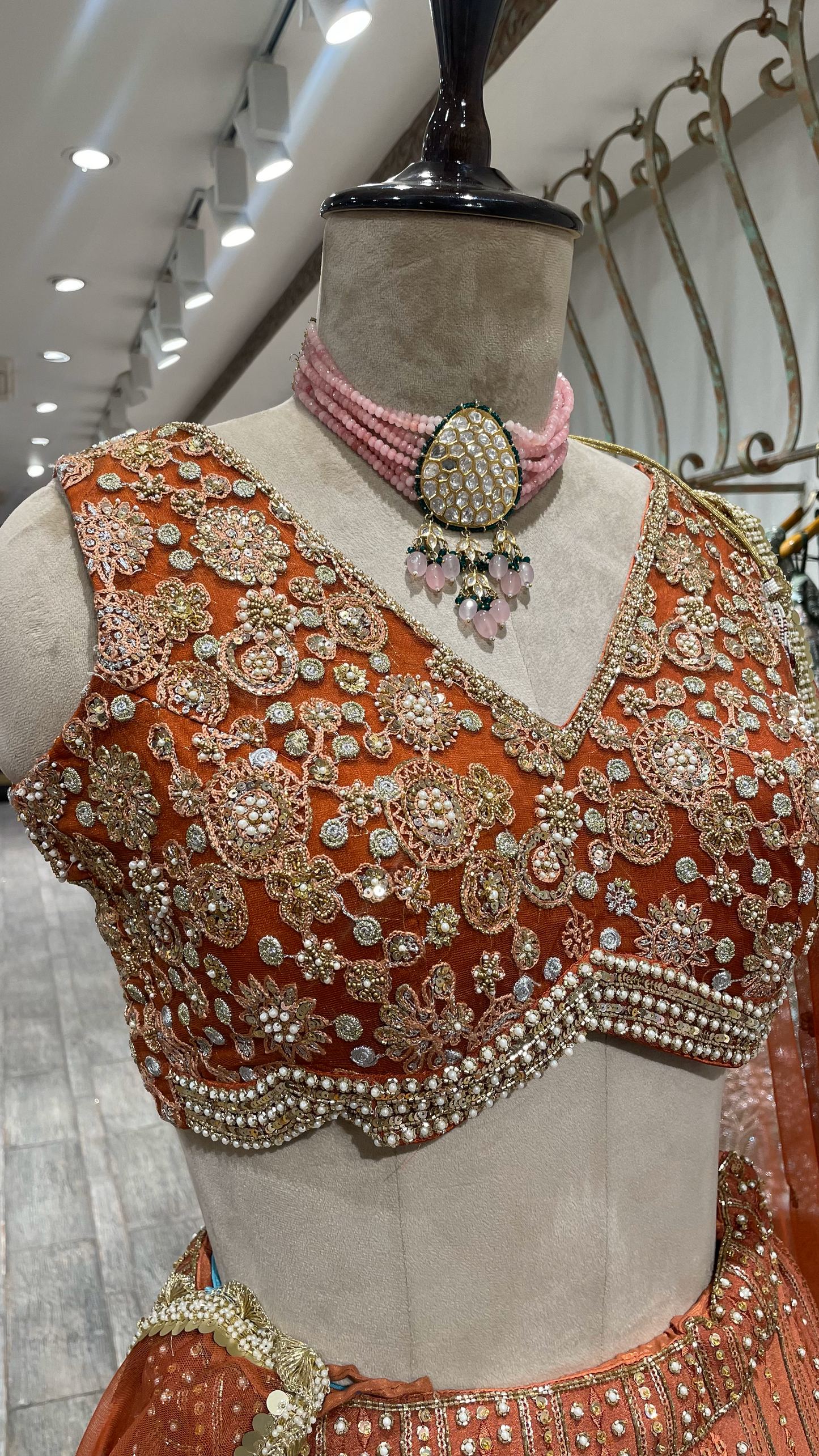 Rust Chinnon Lehenga With Pearl Sequins & Pot Embellishments