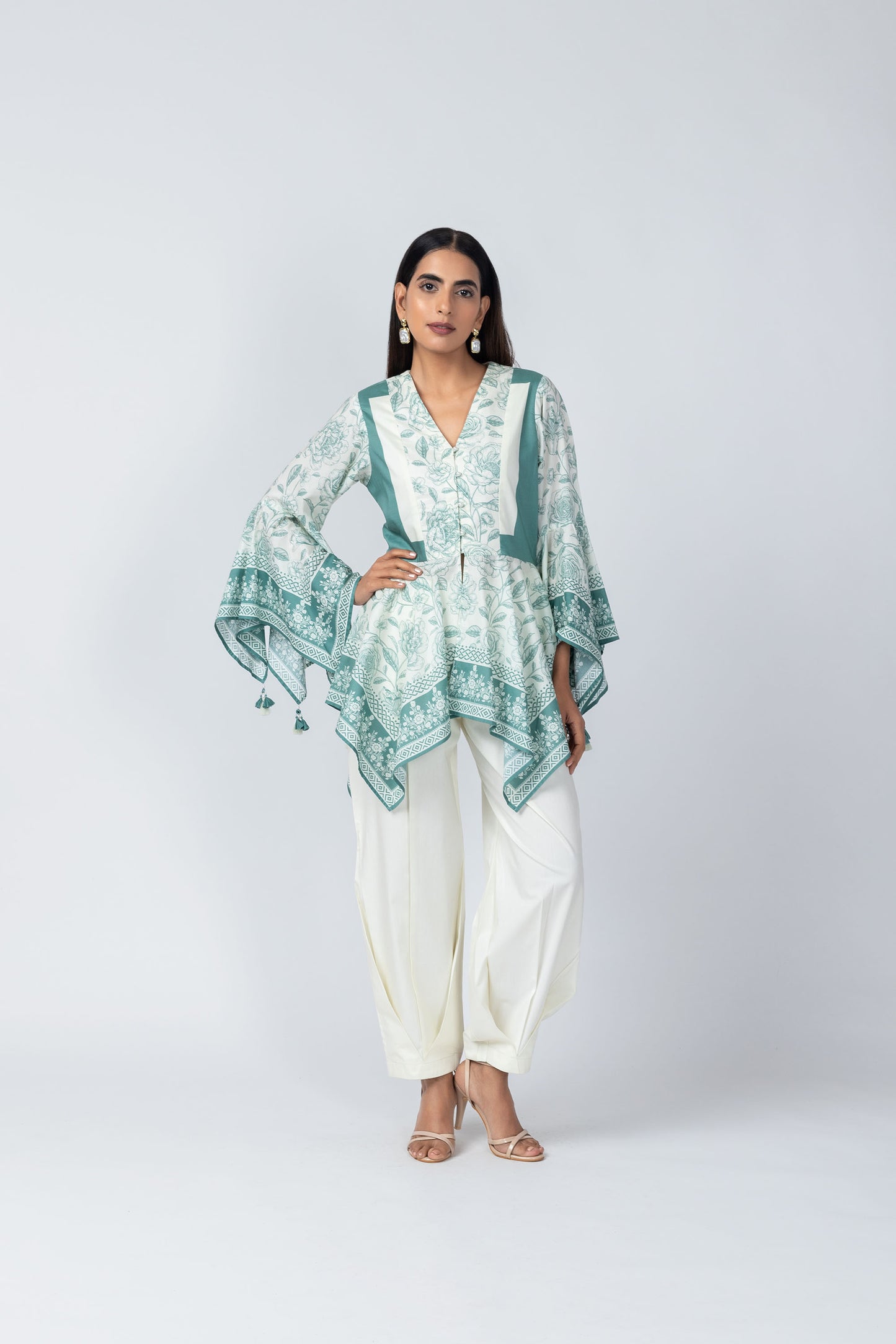 Sara Flared Sleeves Delicate Tassel top with Ivory Crape Dhoti