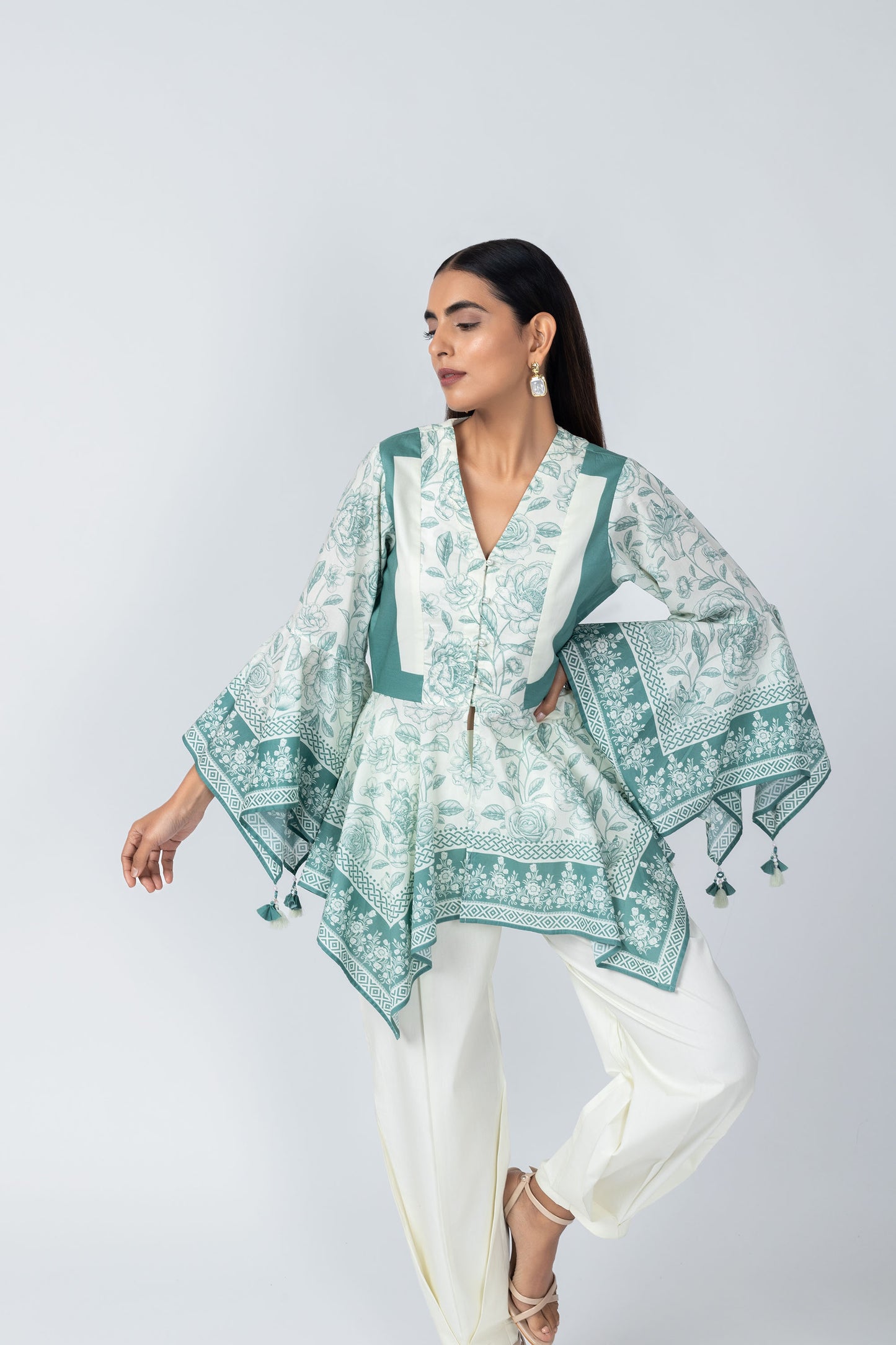 Sara Flared Sleeves Delicate Tassel top with Ivory Crape Dhoti