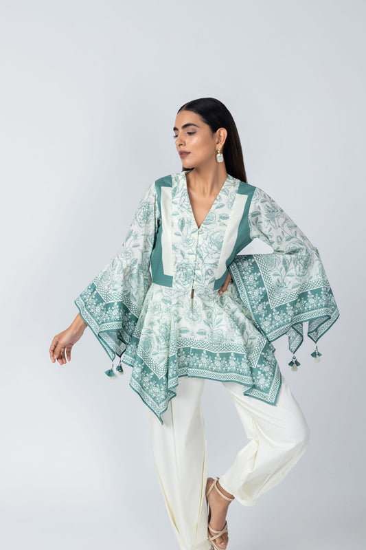 Sara Flared Sleeves Delicate Tassel top with Ivory Crape Dhoti