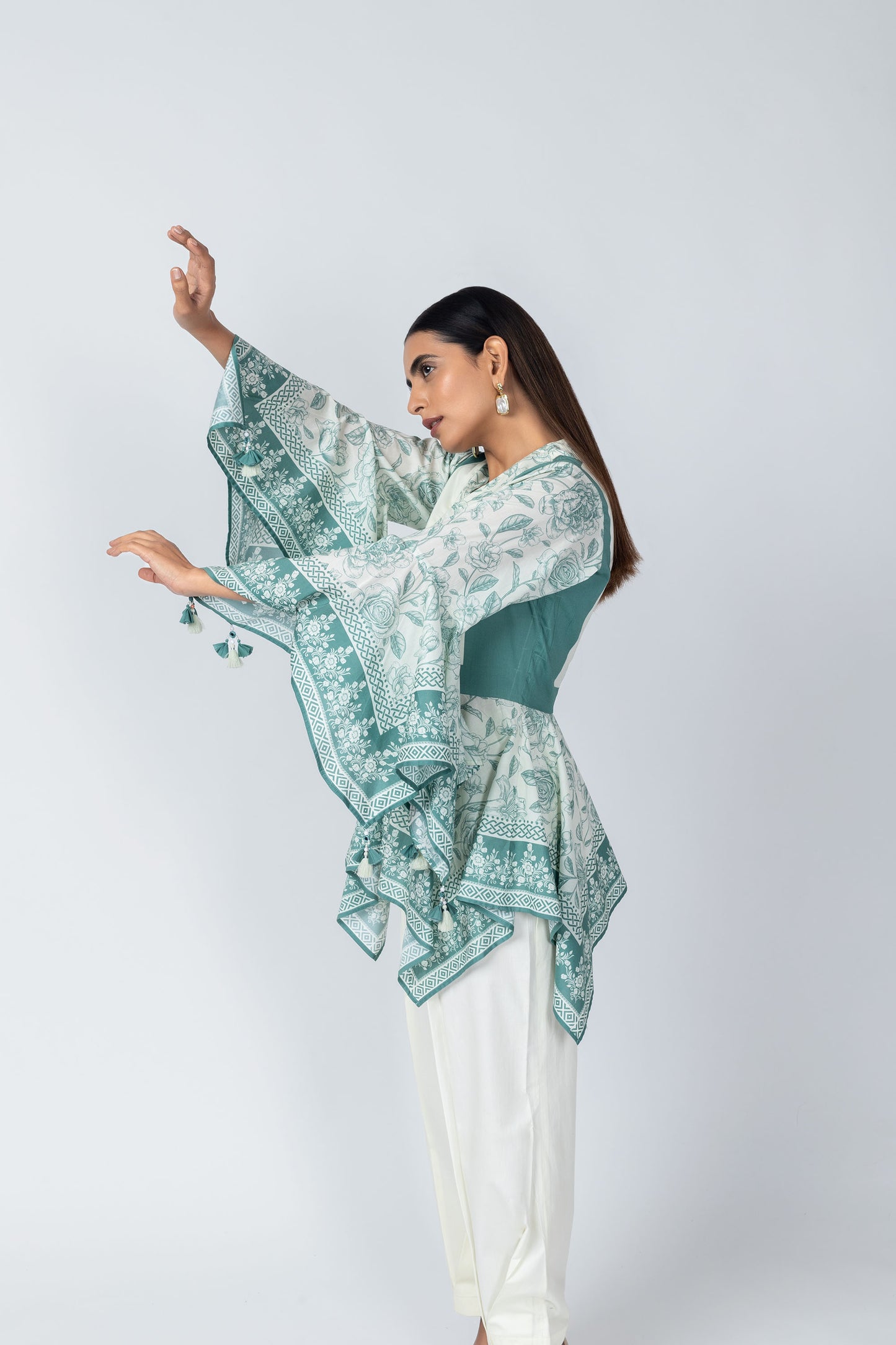 Sara Flared Sleeves Delicate Tassel top with Ivory Crape Dhoti