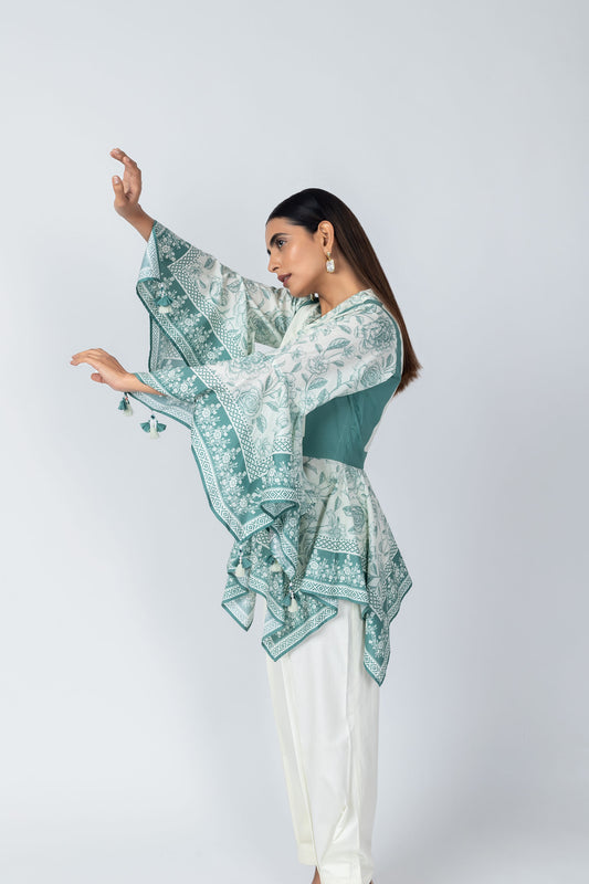 Sara Flared Sleeves Delicate Tassel top with Ivory Crape Dhoti