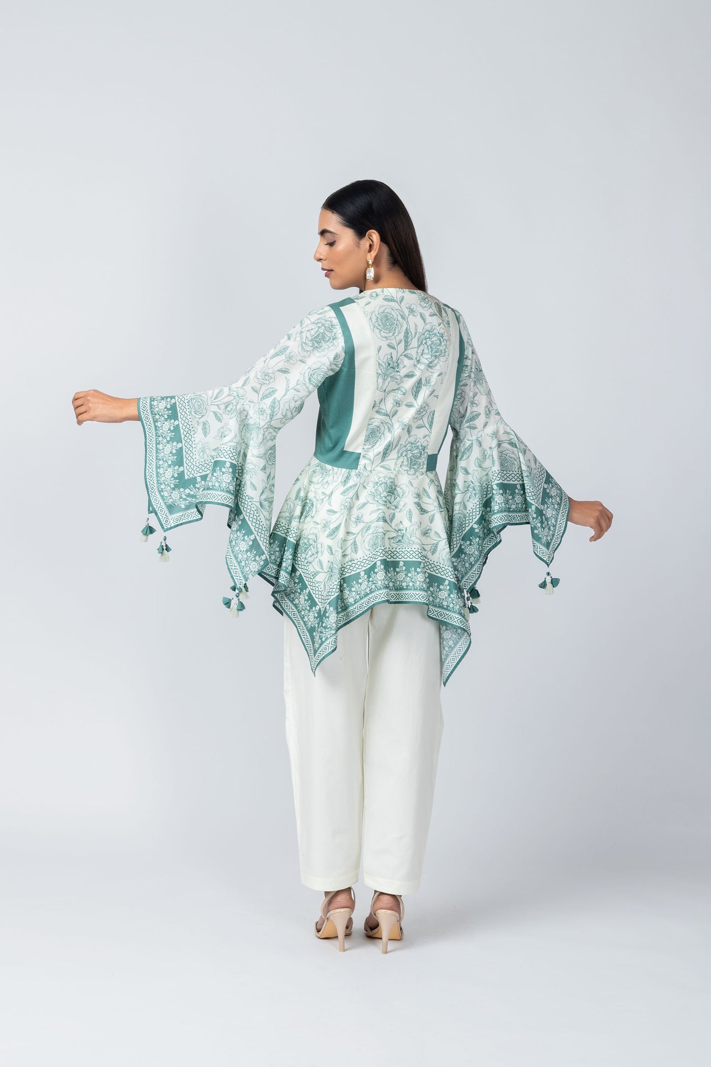 Sara Flared Sleeves Delicate Tassel top with Ivory Crape Dhoti