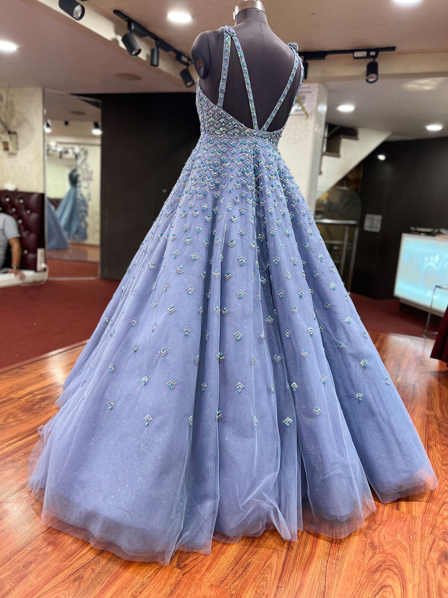 Lavender Net Hand Embroidered Ball Gown with Fancy Stone work