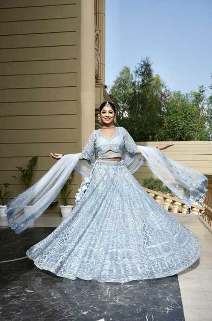 Ice Blue Soft Net Thread Embroidered Wedding Guest Lehenga