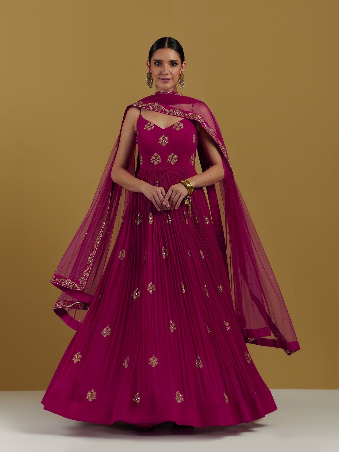 Magenta Colored Georgette Hand Embroidered gown with dupatta