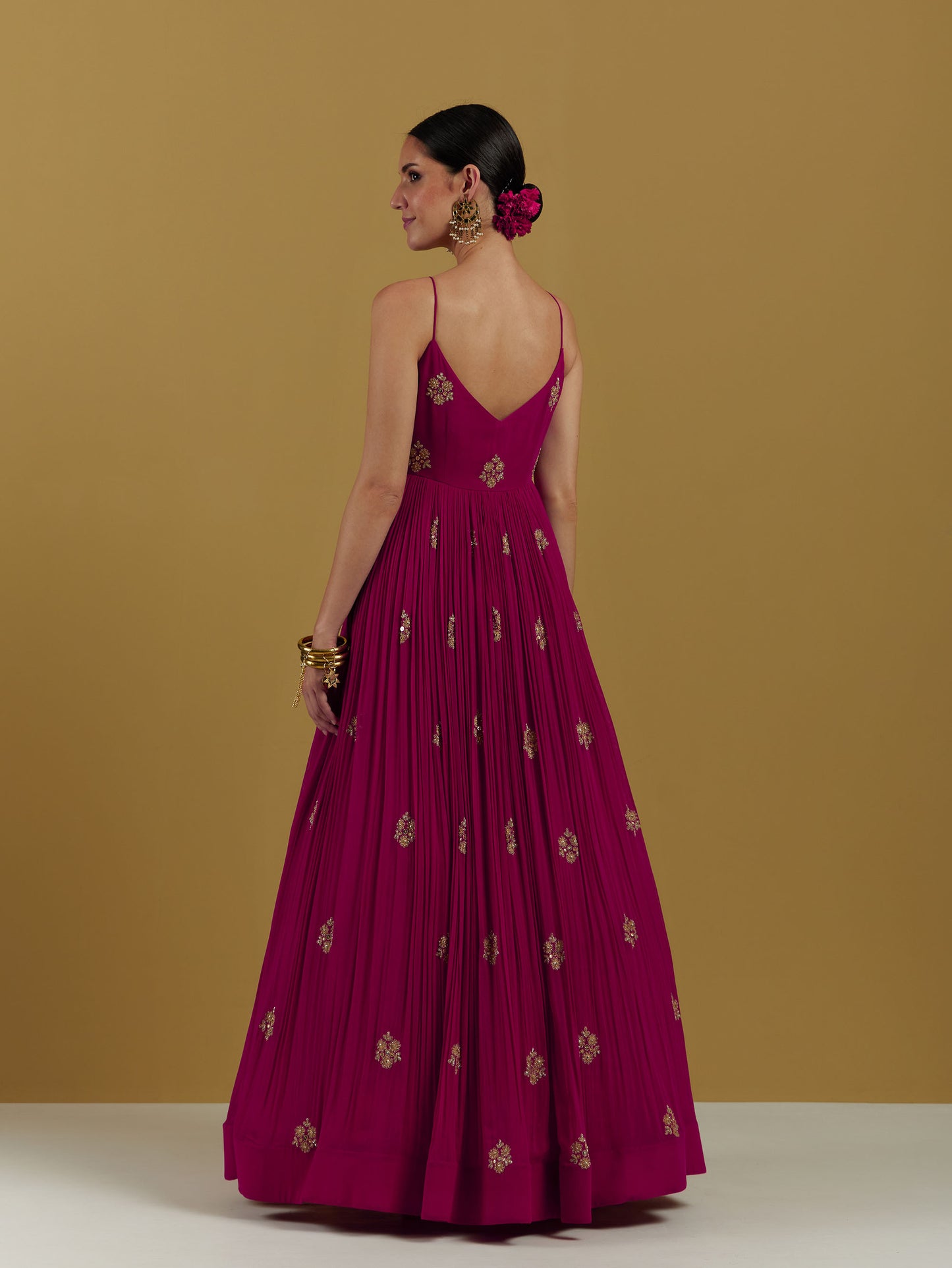 Magenta Colored Georgette Hand Embroidered gown with dupatta