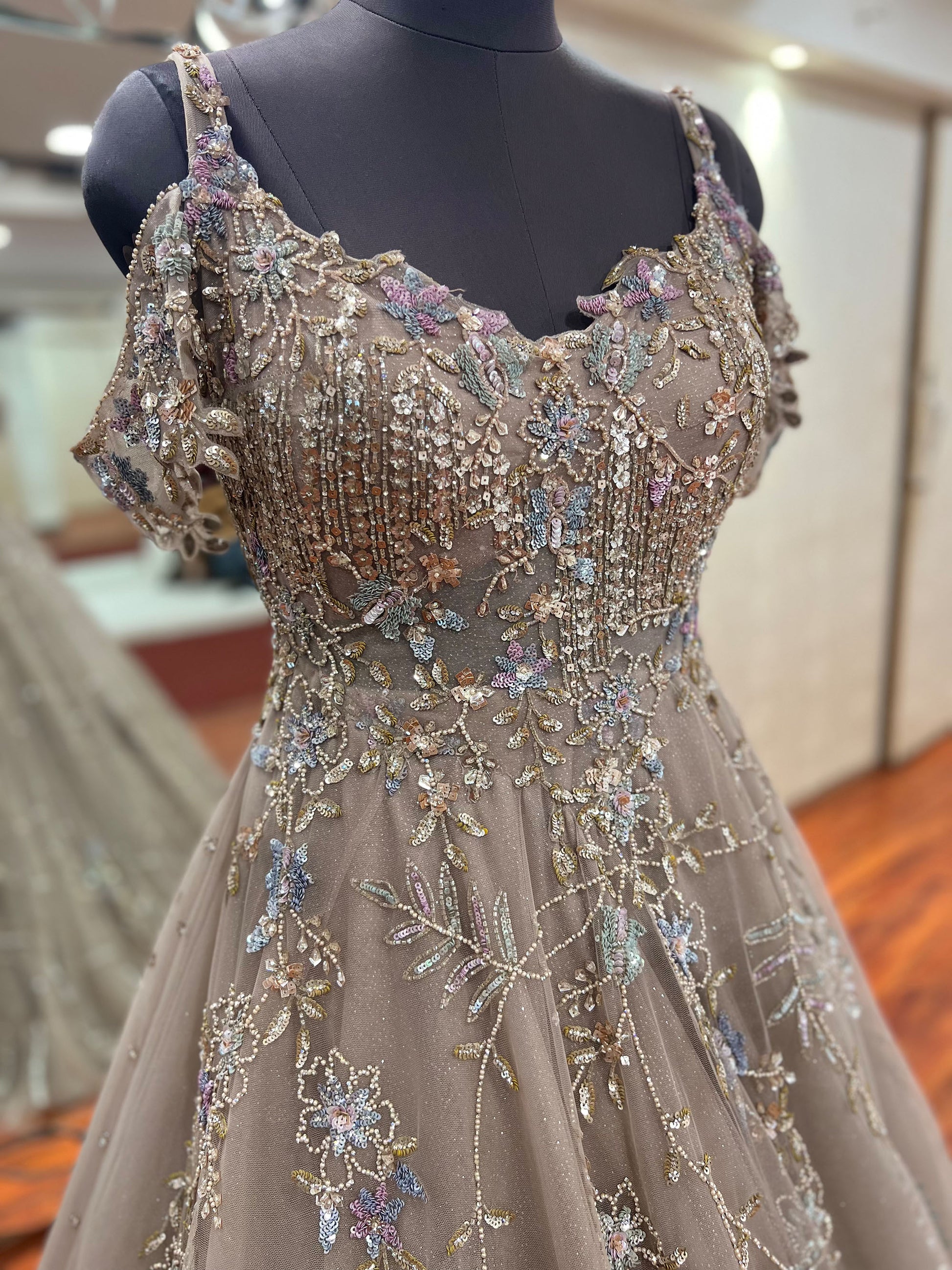 Mouse Colored Hand Embroidered Net multi colored Ball Gown Mohi fashion Mouse Colored Hand Embroidered Net multi colored Ball Gown Mohi fashion