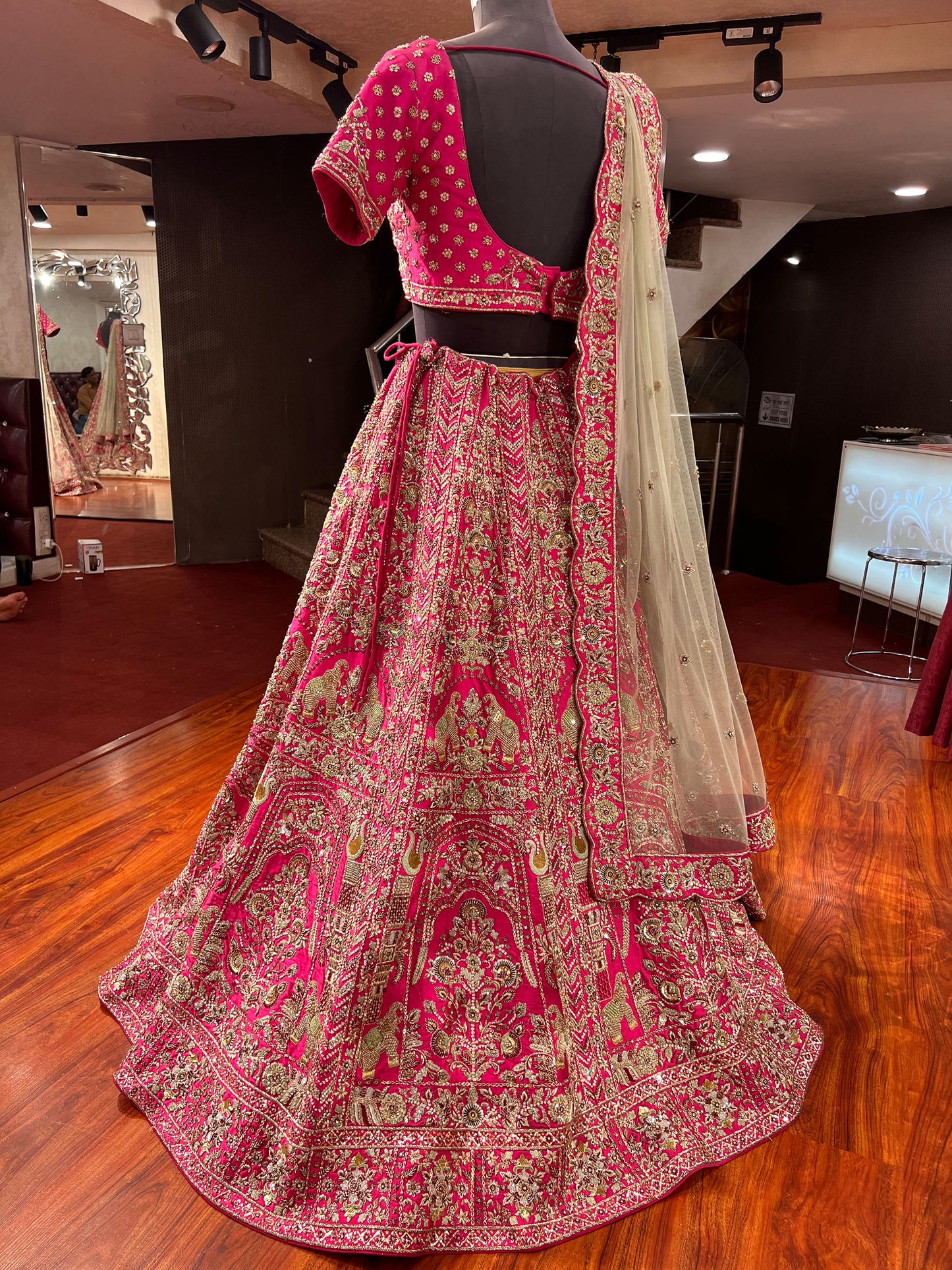 Pink Hand Embroidered Raw Silk sequins Bridal Lehenga with pearl work dupatta