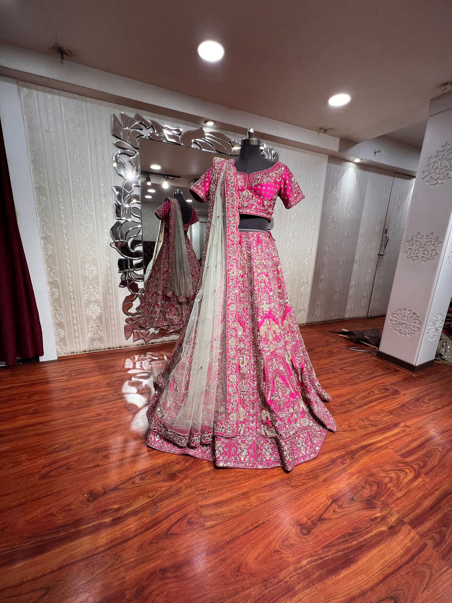 Pink Hand Embroidered Raw Silk sequins Bridal Lehenga with pearl work dupatta