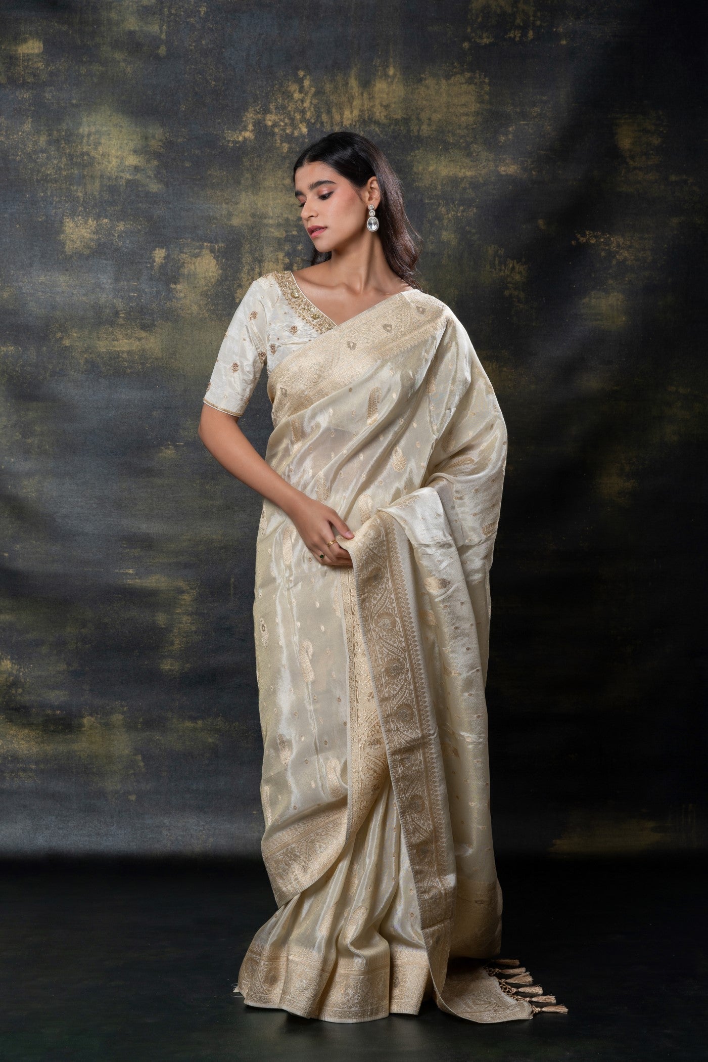 Cream white banarasi silk tissue hand work saree