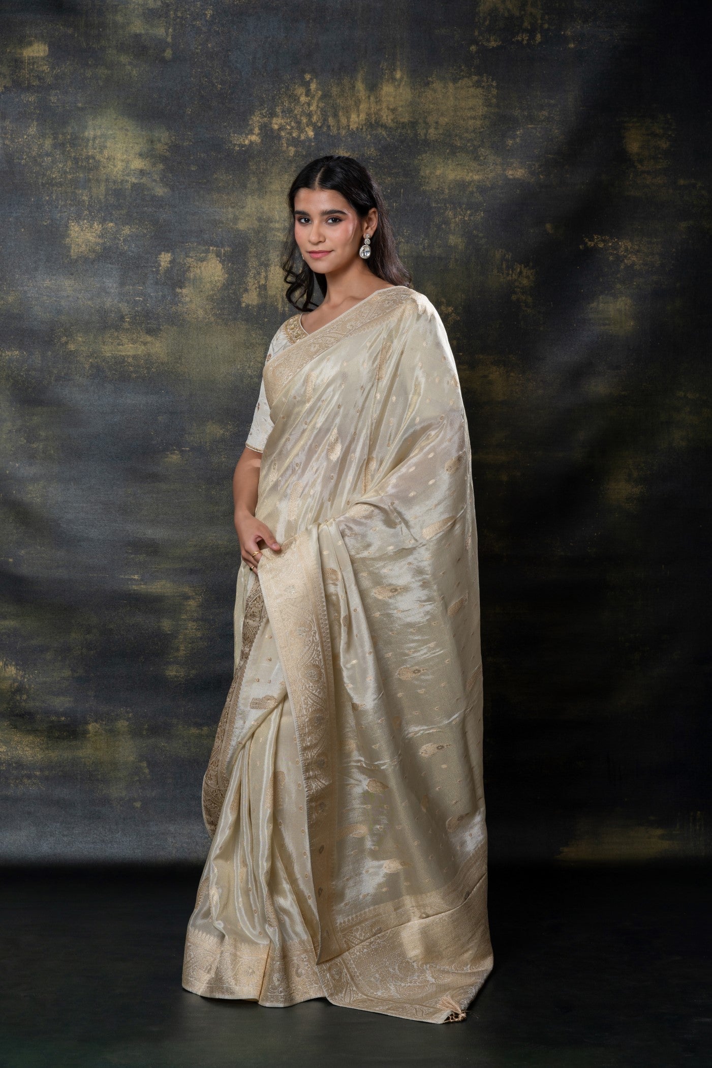 Cream white banarasi silk tissue hand work saree