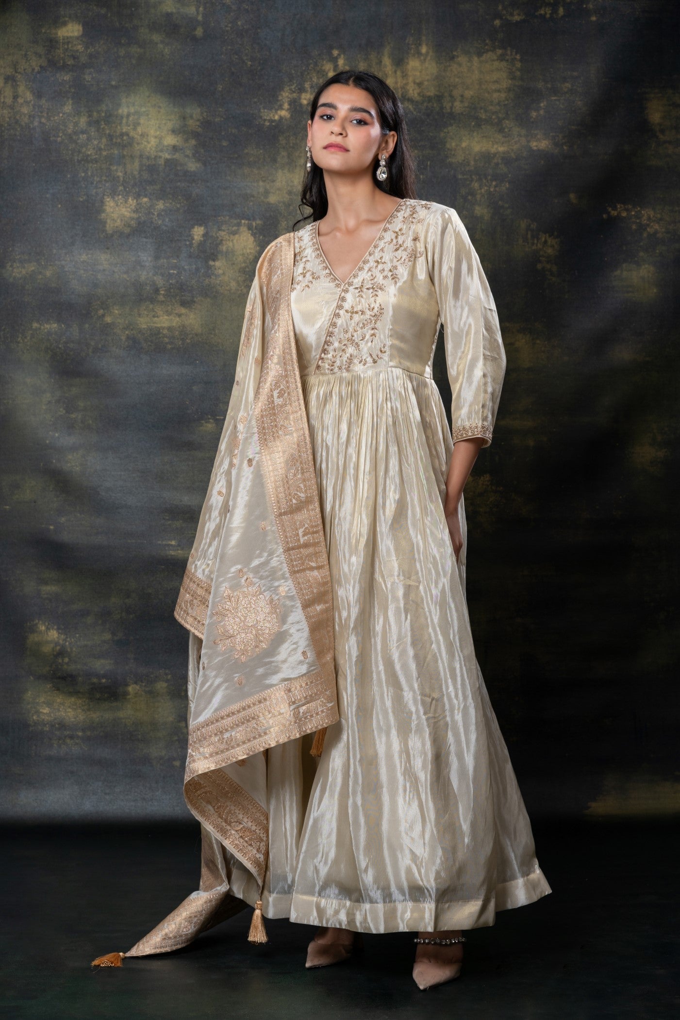 Ivory white satin silk zari embroidered gown