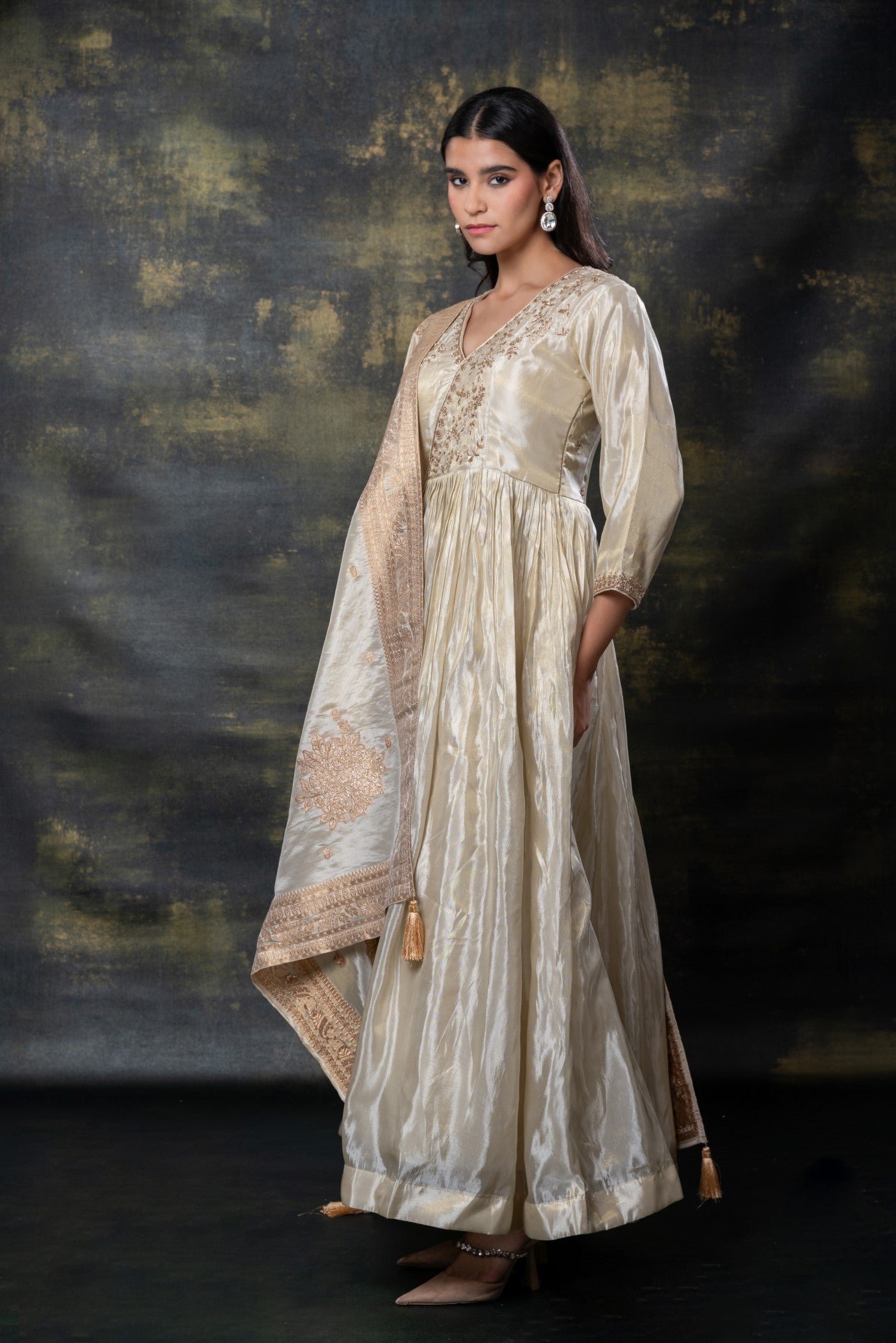 Ivory white satin silk zari embroidered gown