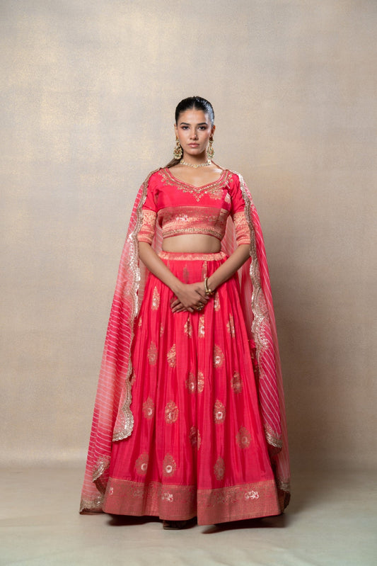 Neon pink soft silk lehenga set