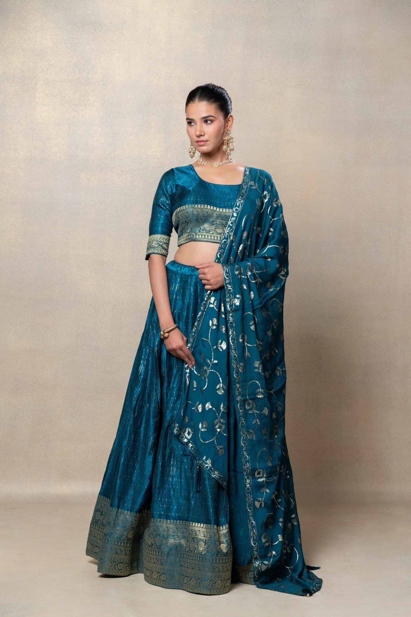 Teal blue soft silk sequinned lehenga set