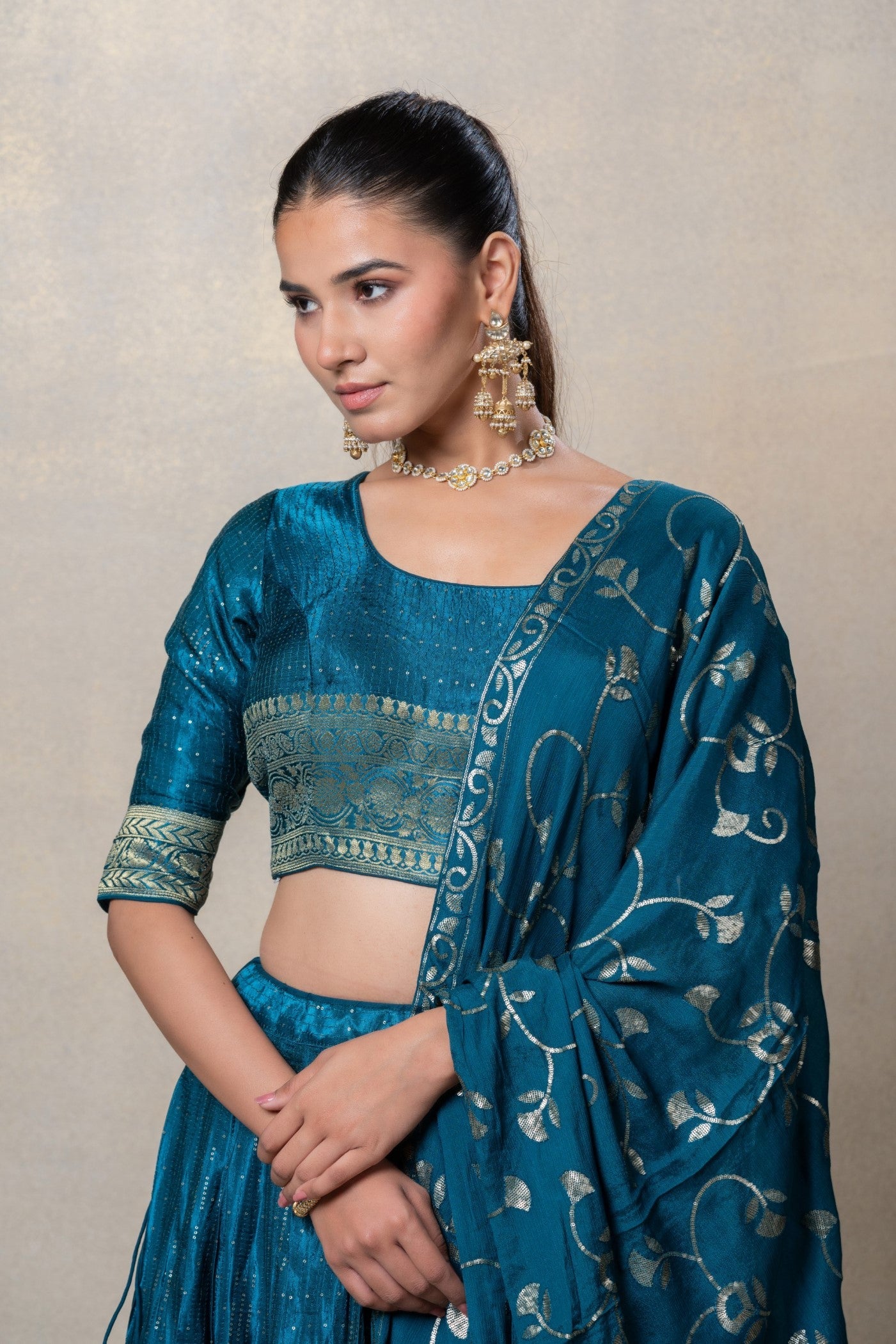 Teal blue soft silk sequinned lehenga set