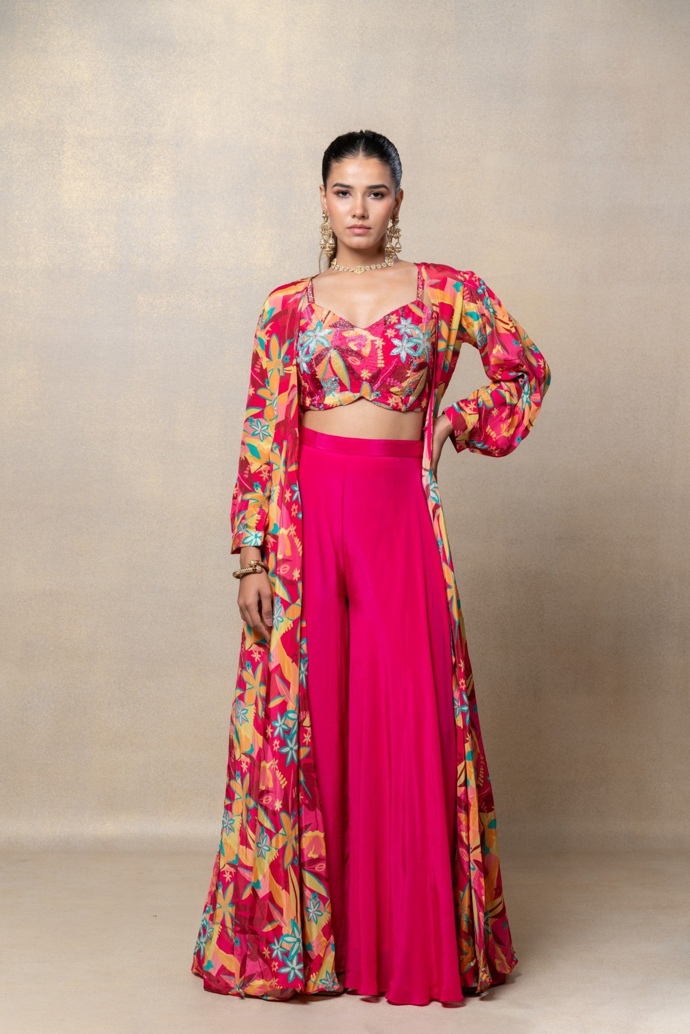 Deep pink soft silk sequinned indo-western set