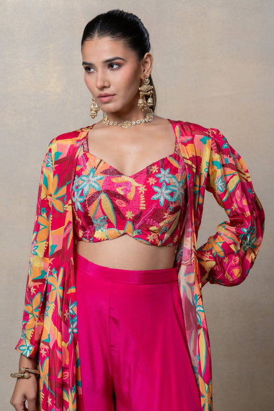 Deep pink soft silk sequinned indo-western set