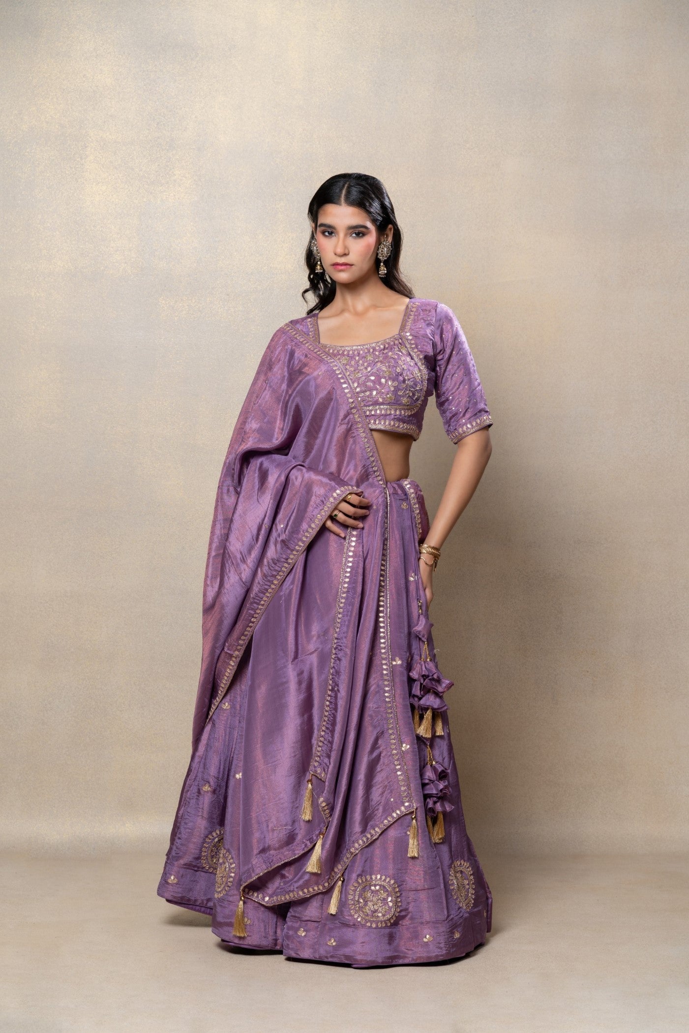 Rich lilac mirror and zari embellished soft silk lehenga set
