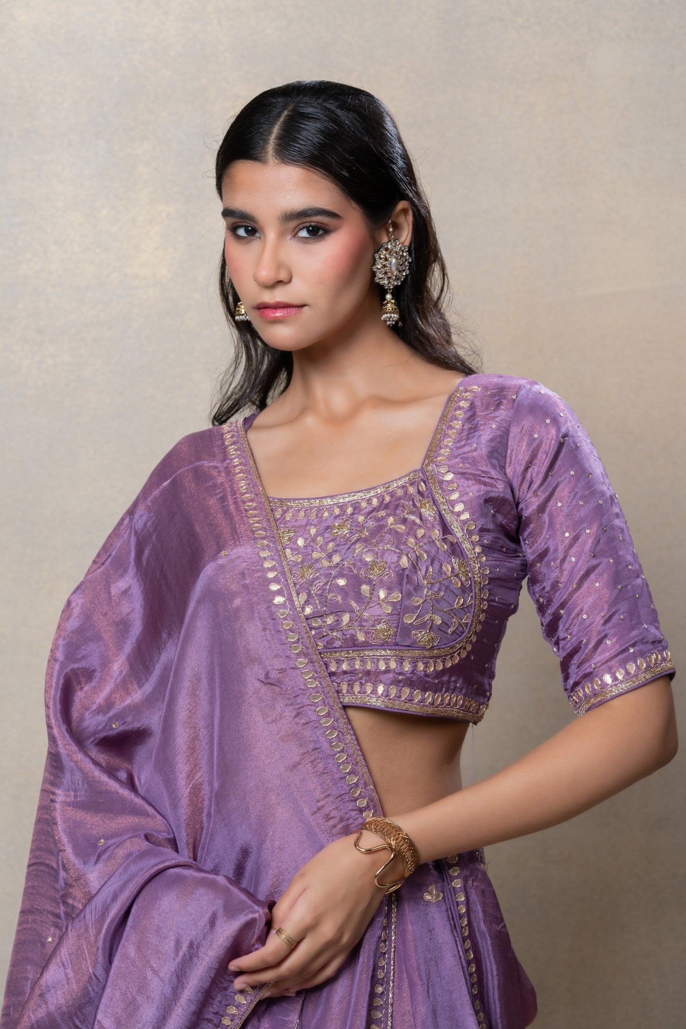 Rich lilac mirror and zari embellished soft silk lehenga set