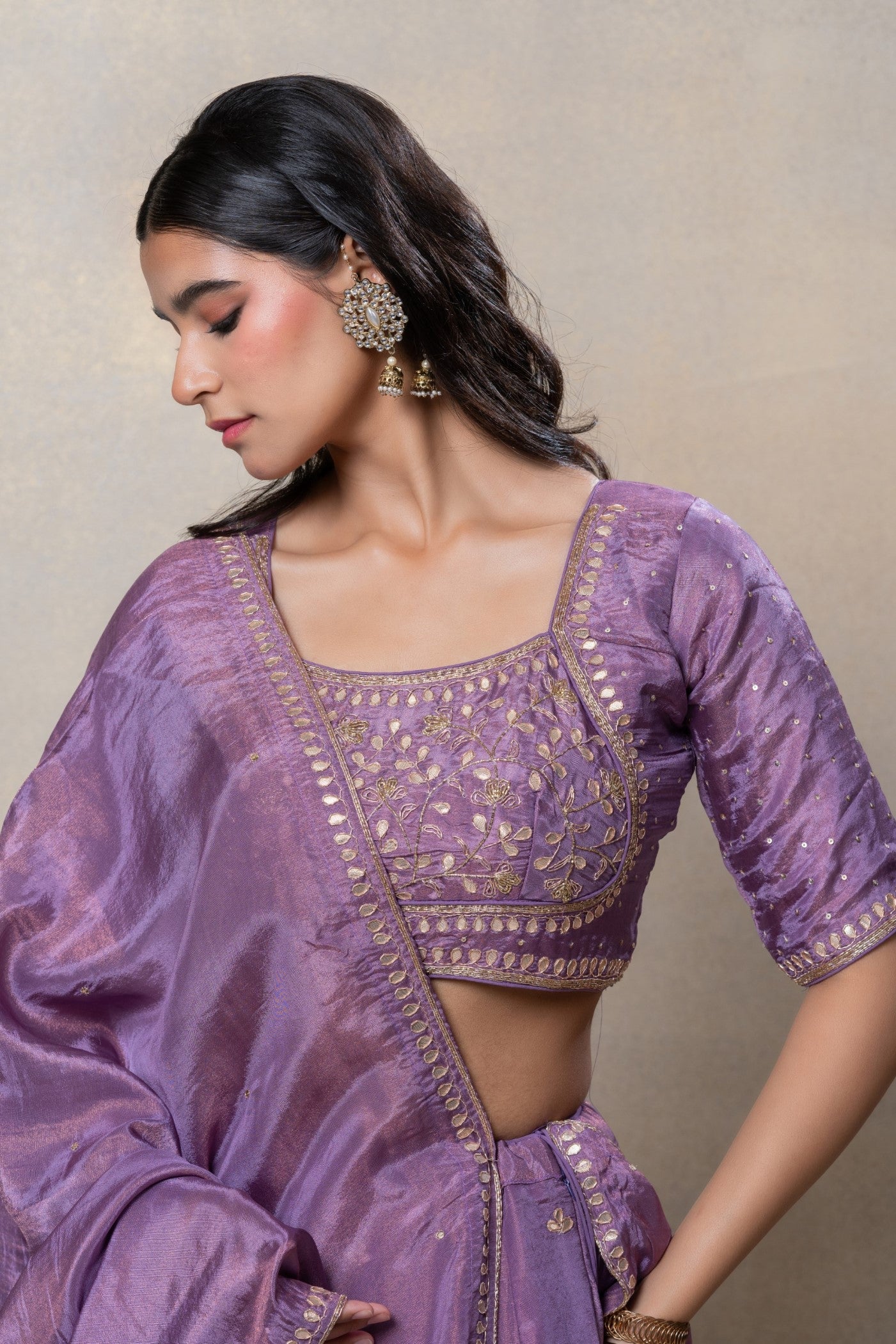 Rich lilac mirror and zari embellished soft silk lehenga set