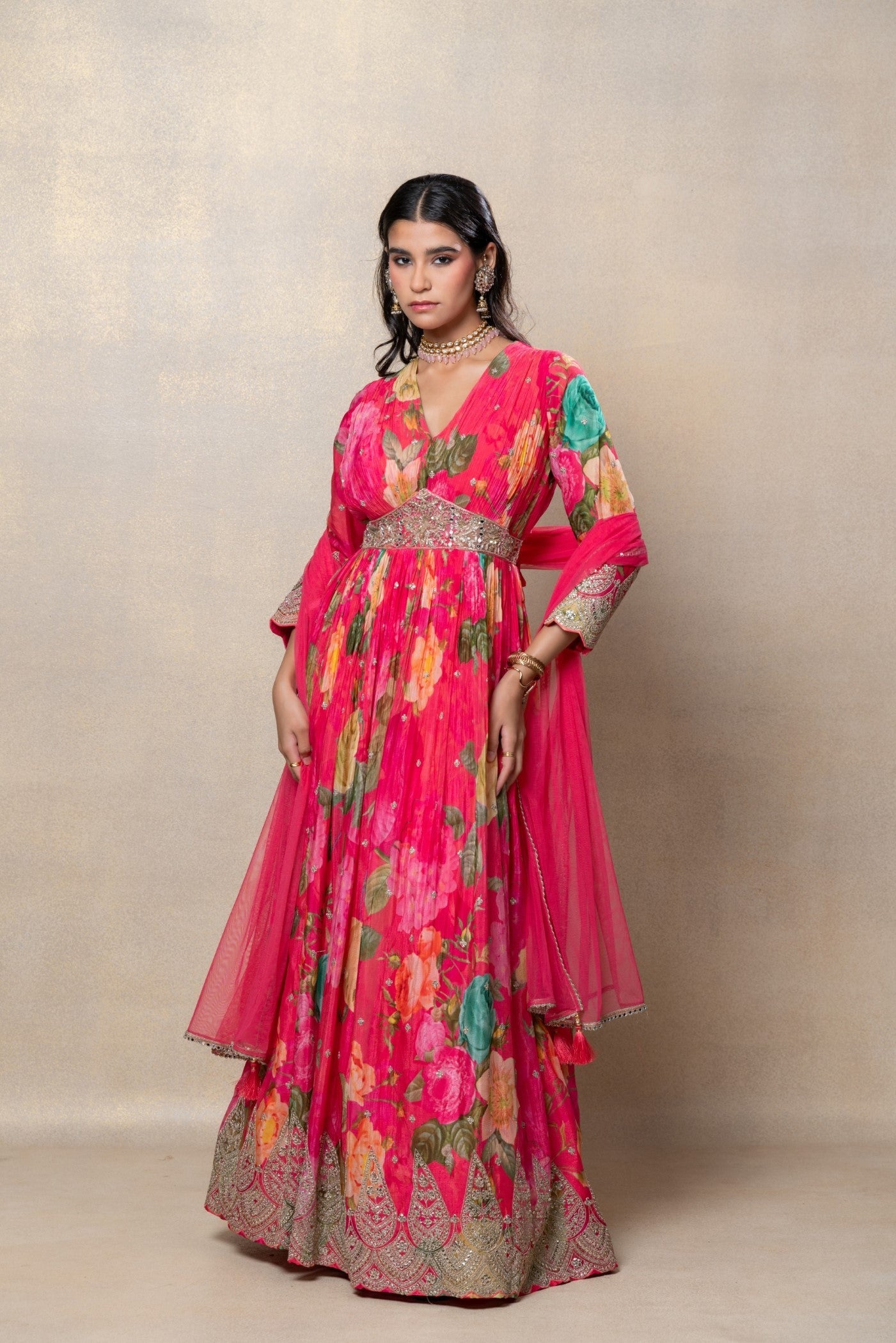 Barbie pink soft silk zari gown
