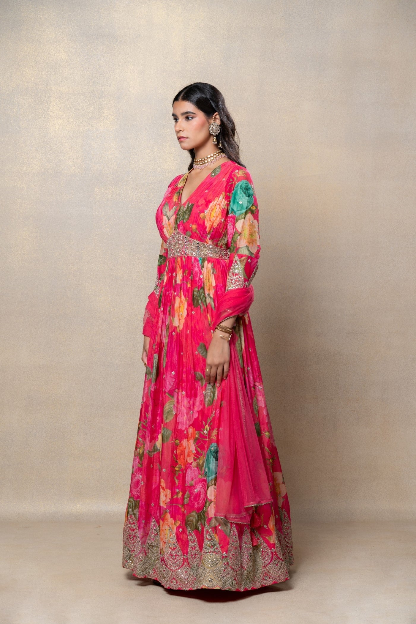 Barbie pink soft silk zari gown