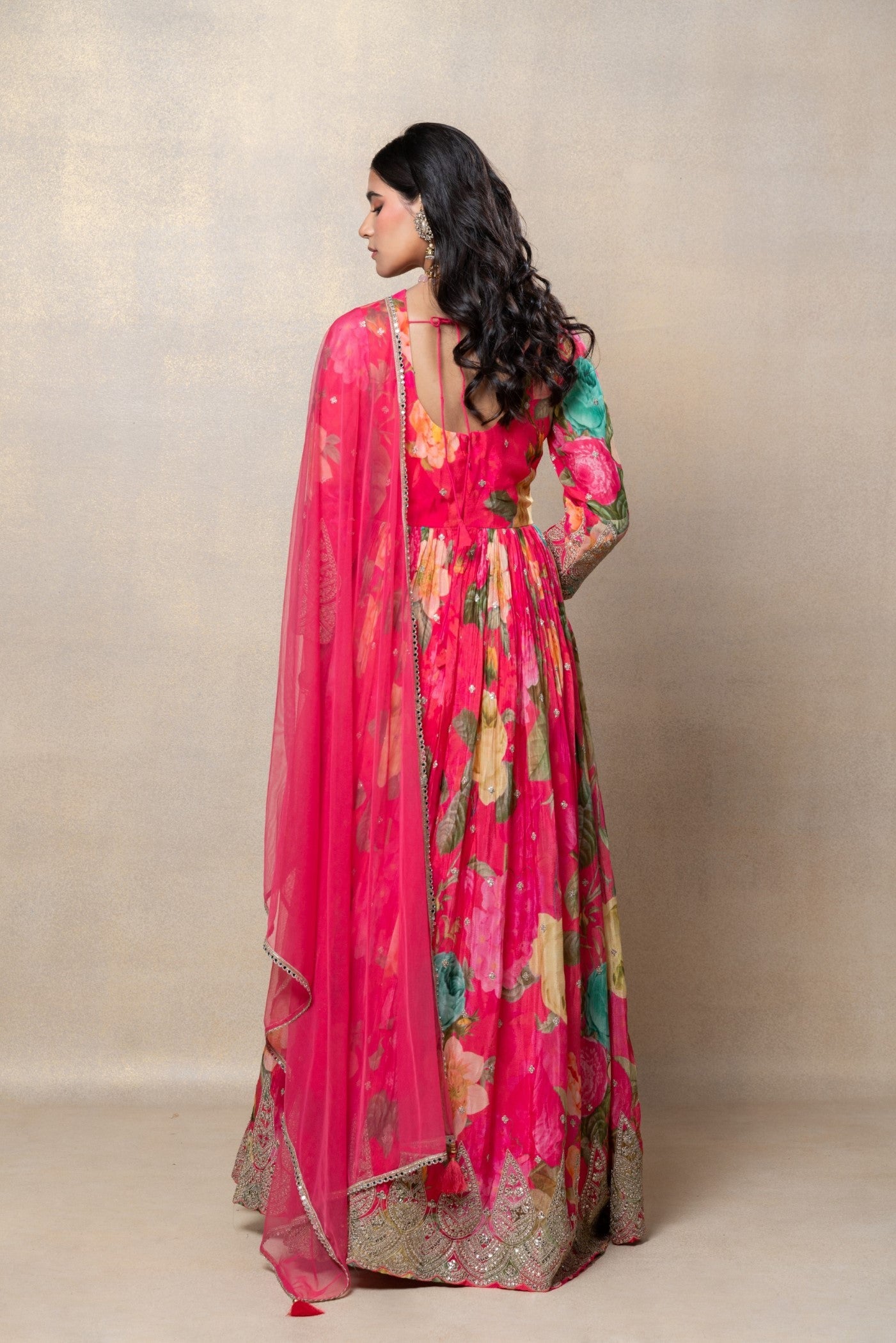 Barbie pink soft silk zari gown
