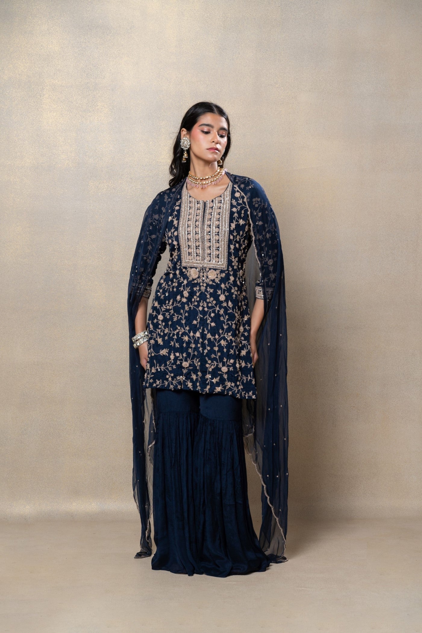 Navy blue sequinned soft silk suit set