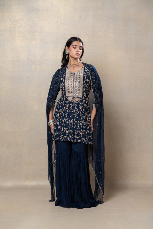 Navy blue sequinned soft silk suit set