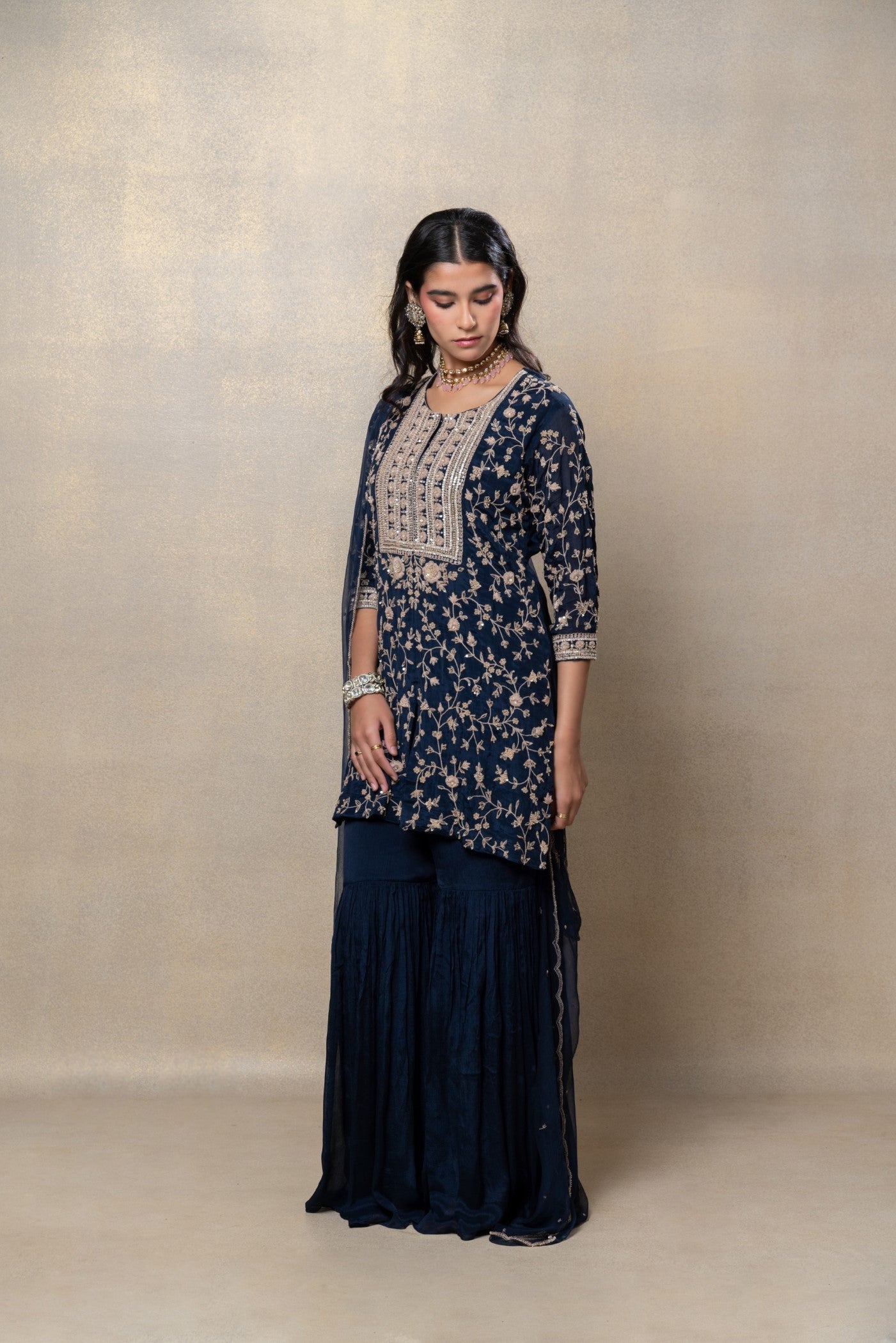 Navy blue sequinned soft silk suit set