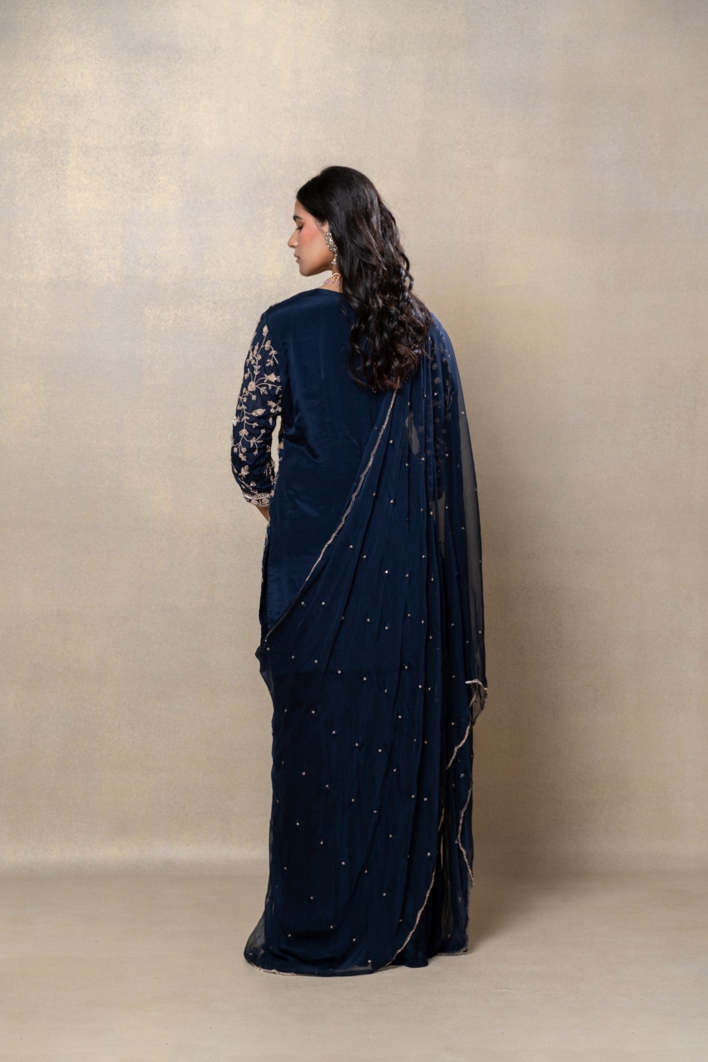 Navy blue sequinned soft silk suit set