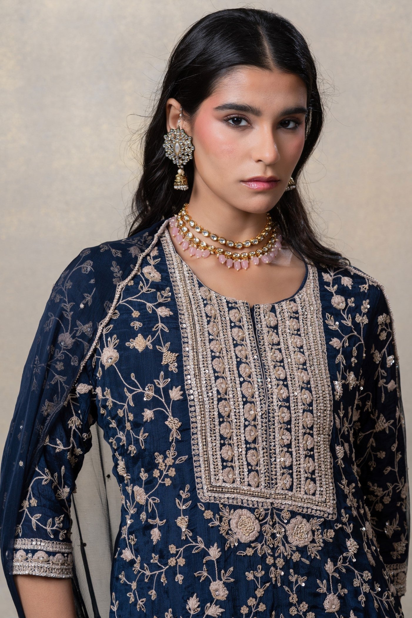 Navy blue sequinned soft silk suit set
