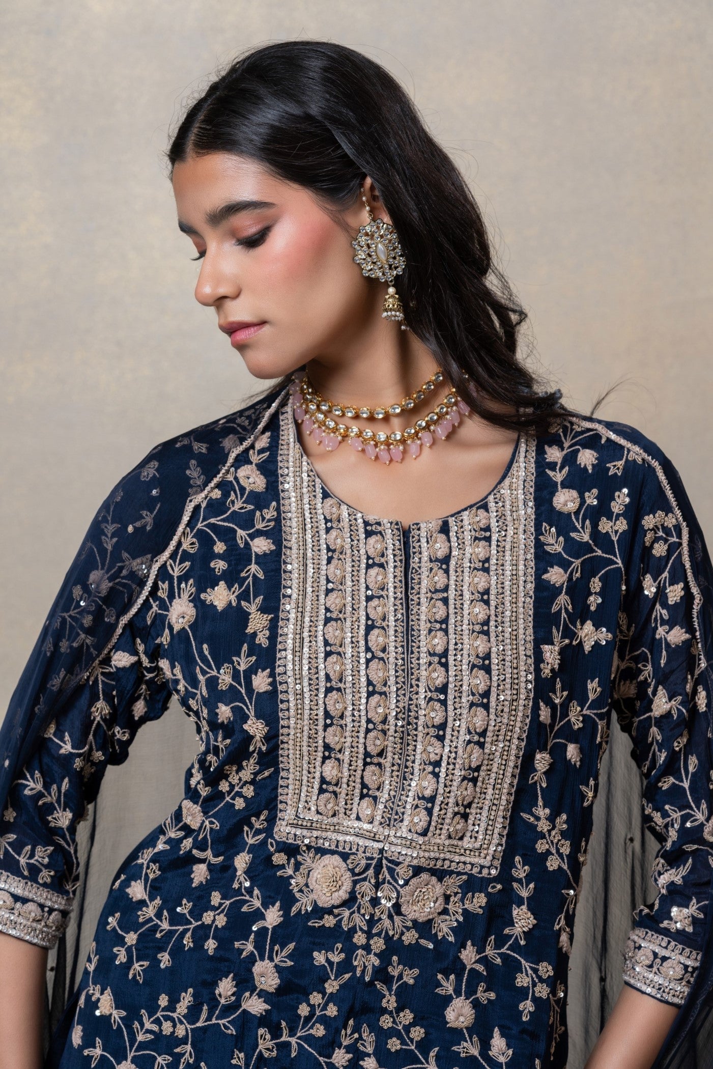 Navy blue sequinned soft silk suit set