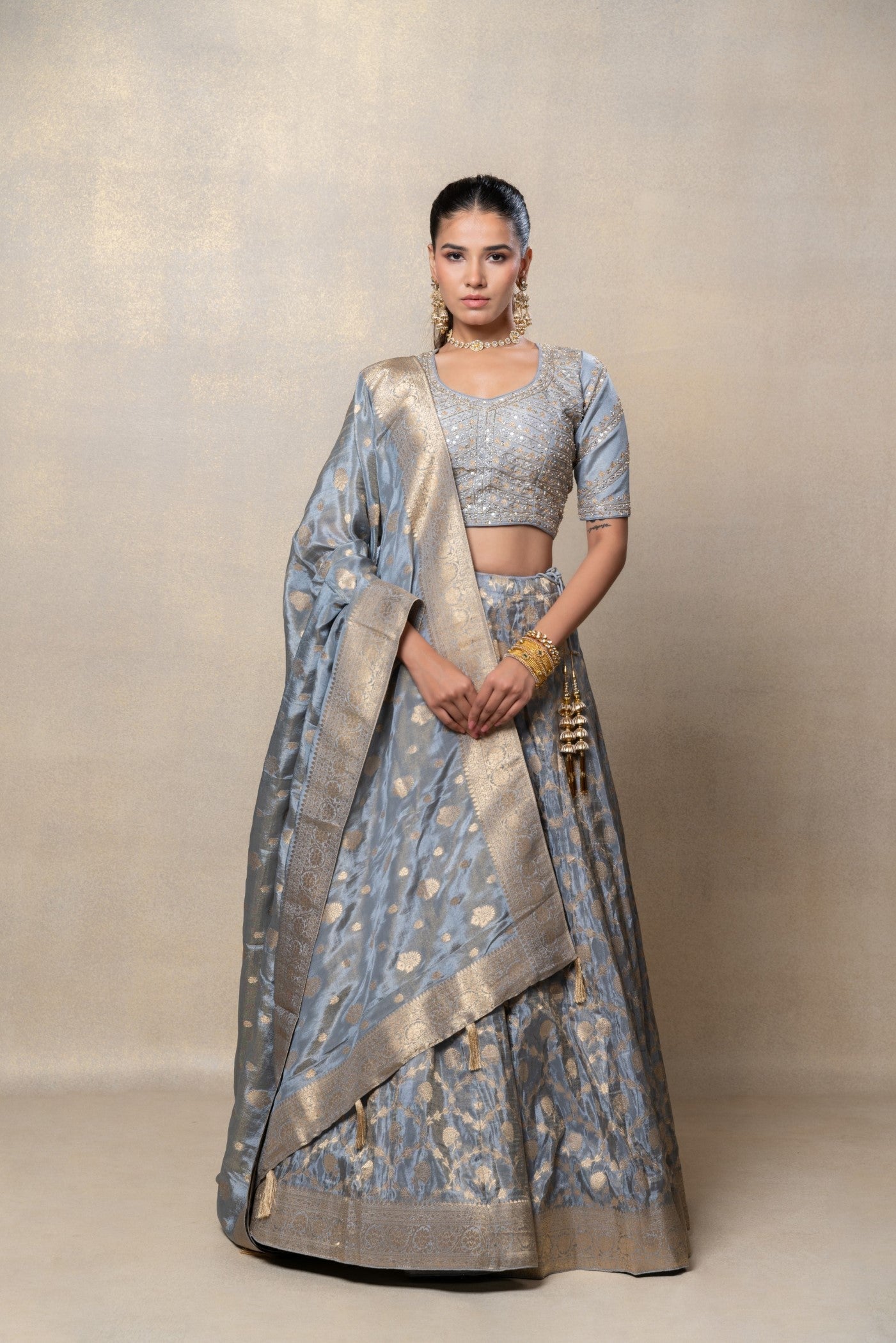 Metallic silver soft silk lehenga set