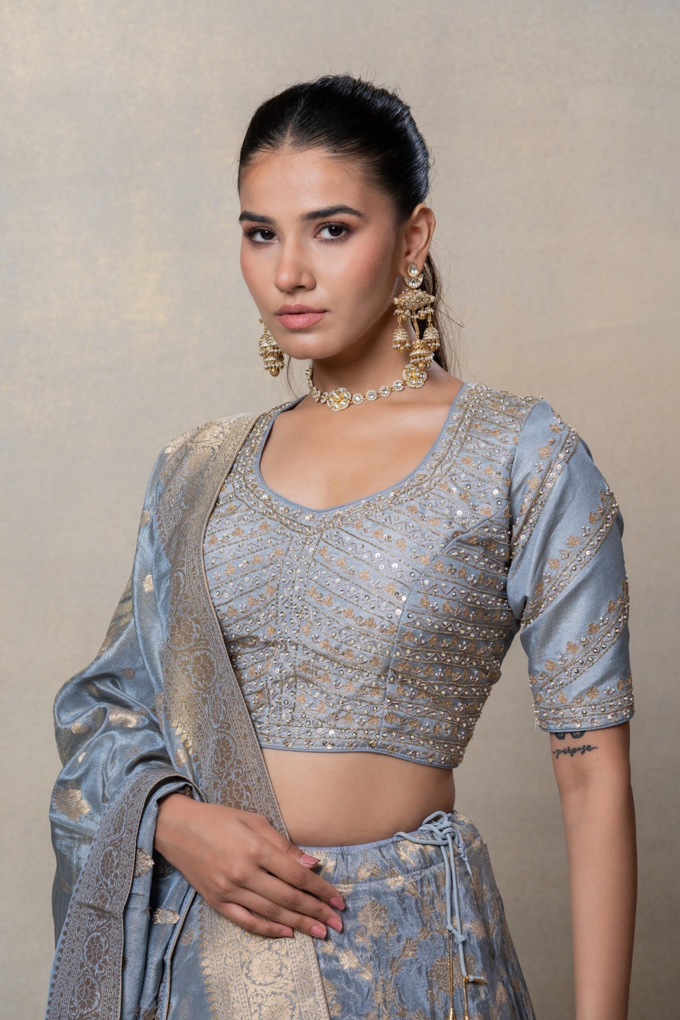 Metallic silver soft silk lehenga set