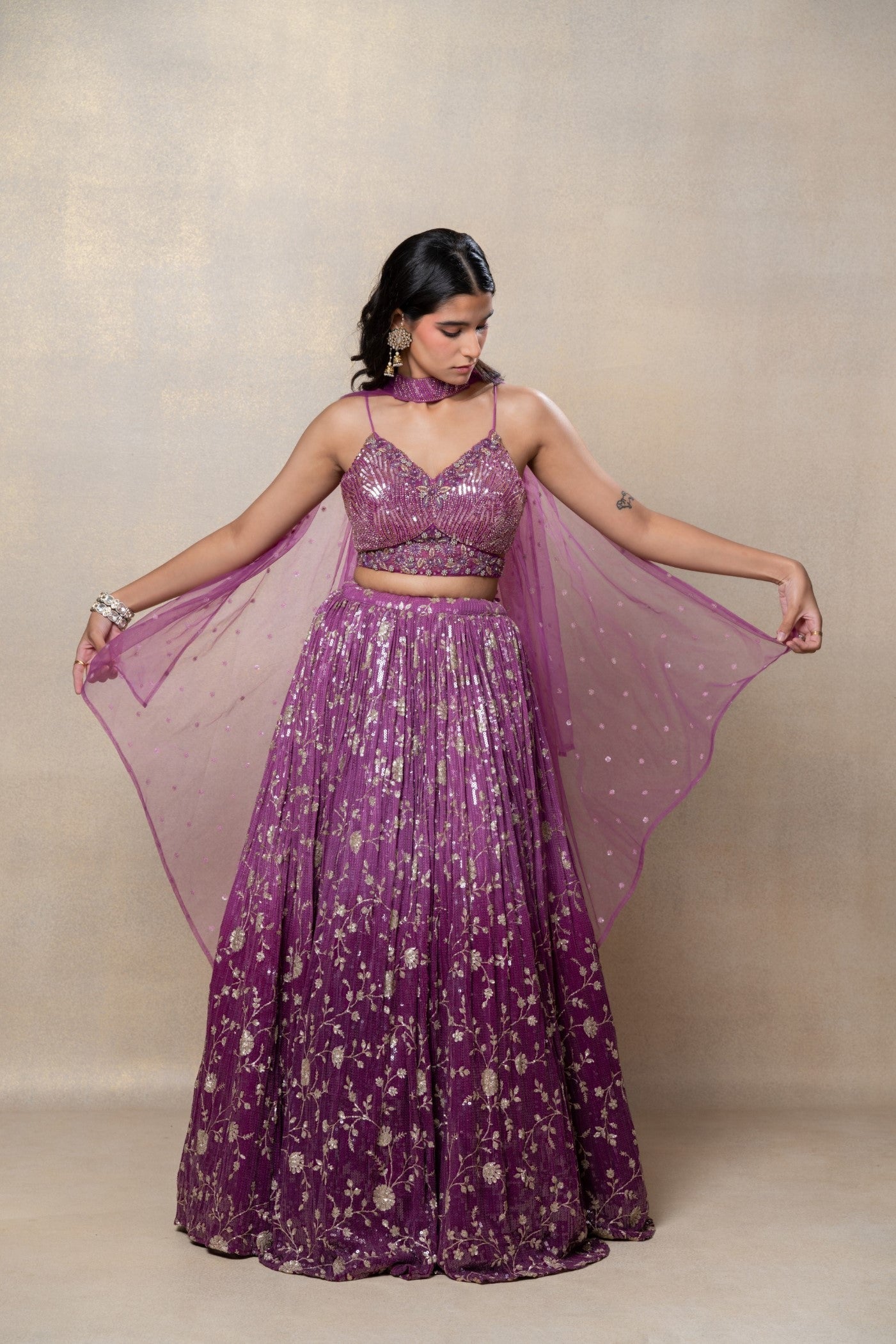 Ombre purple sequinned net lehenga set
