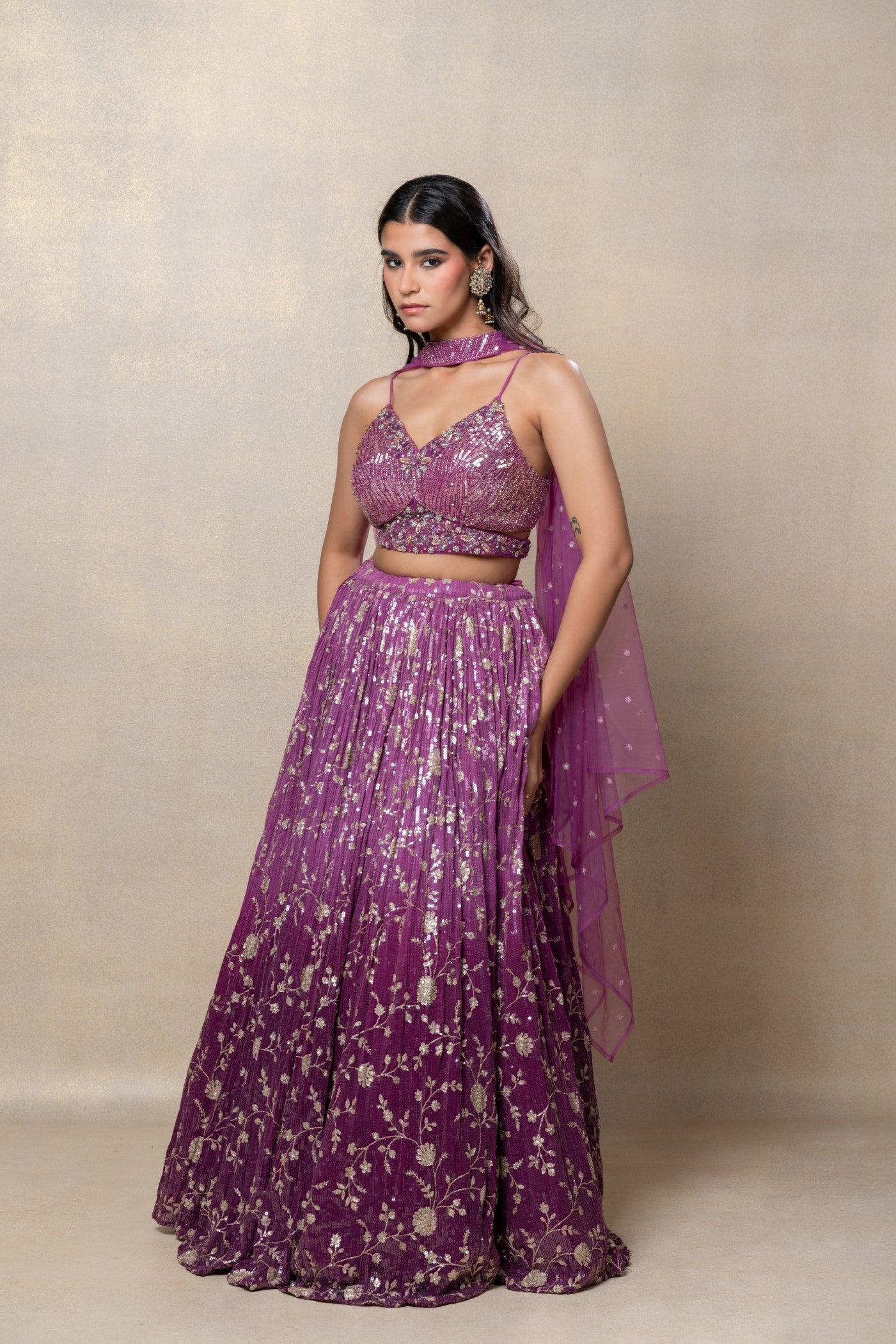 Ombre purple sequinned net lehenga set