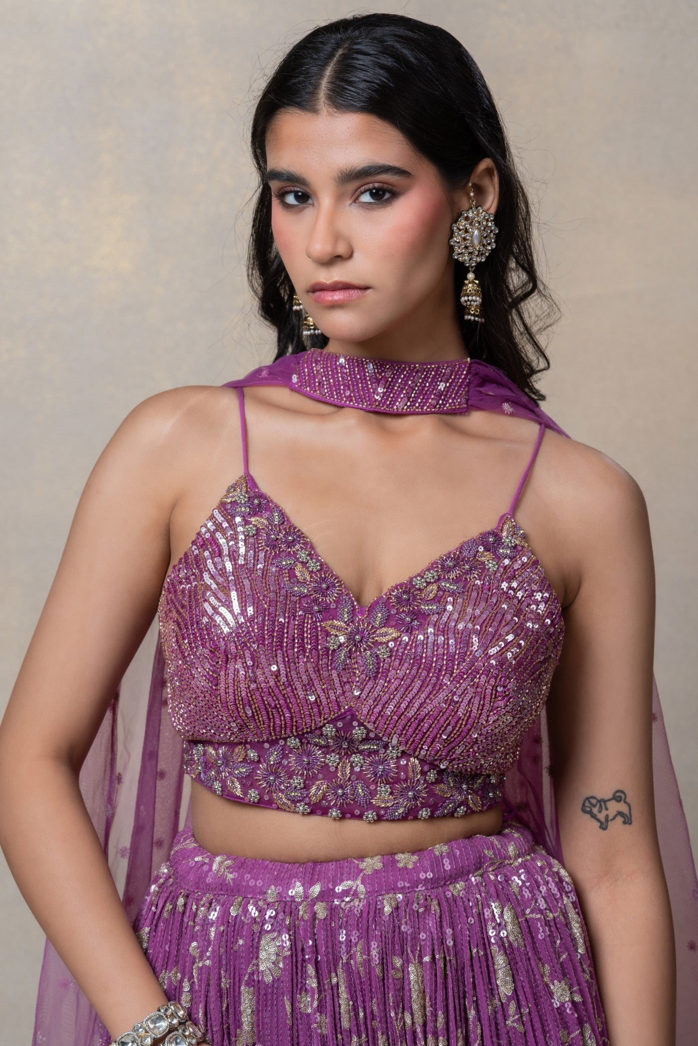 Ombre purple sequinned net lehenga set