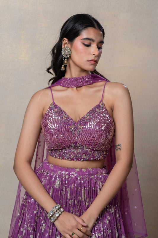 Ombre purple sequinned net lehenga set