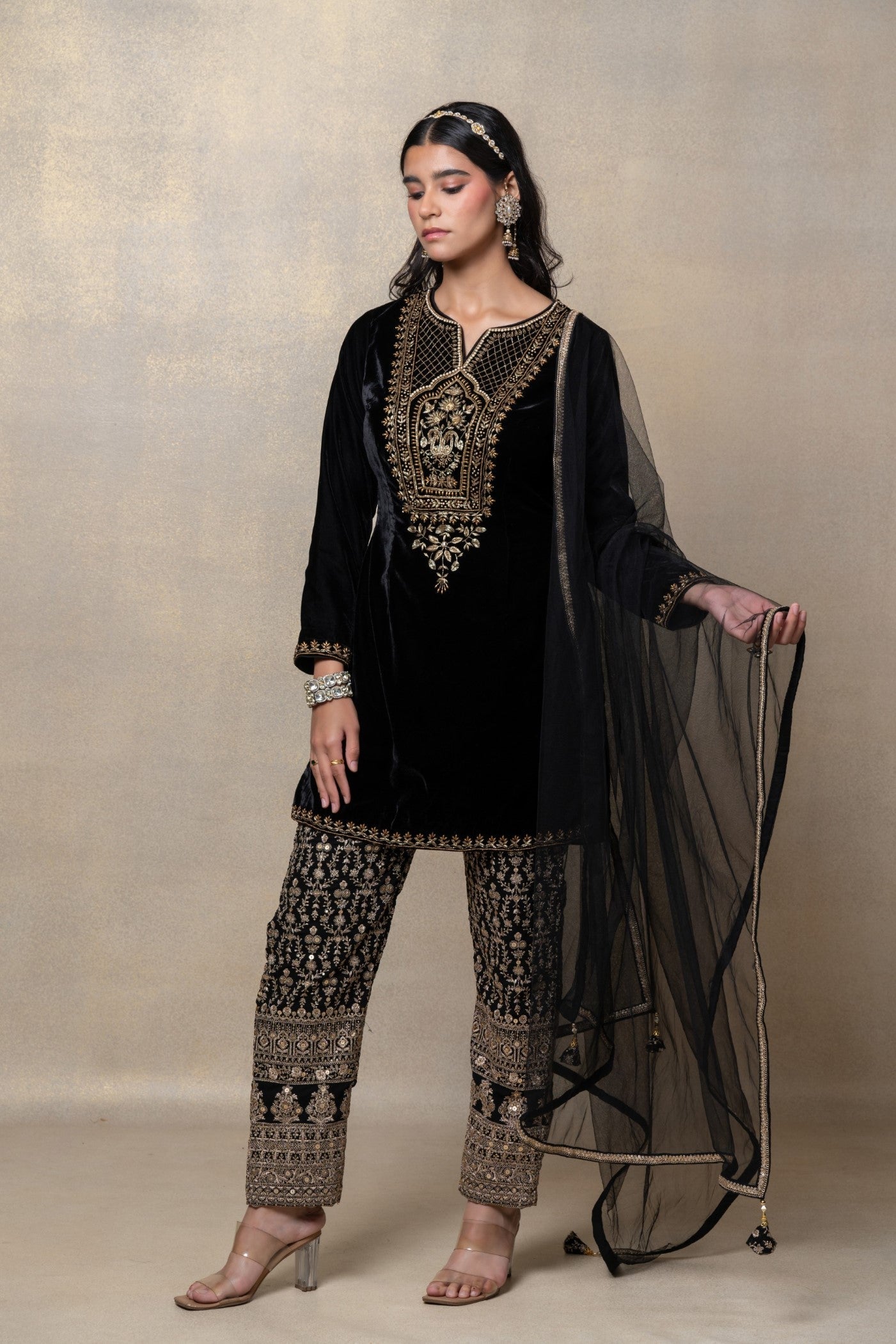 Onyx black velvet zari embroidered suit set