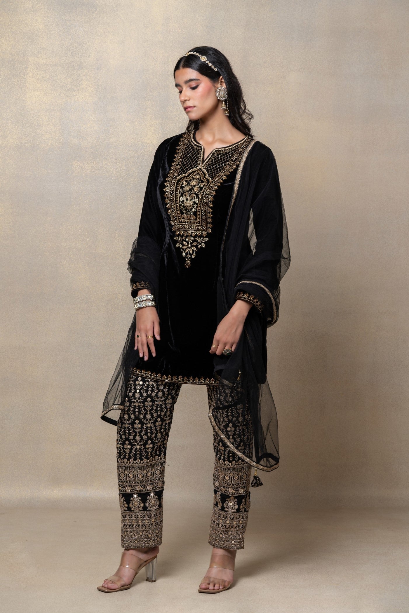 Onyx black velvet zari embroidered suit set