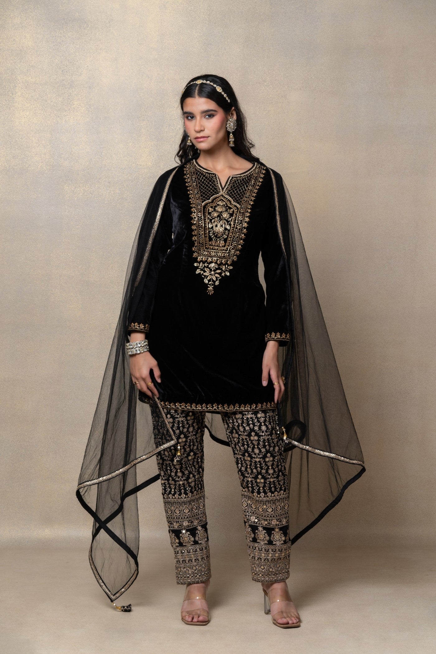 Onyx black velvet zari embroidered suit set