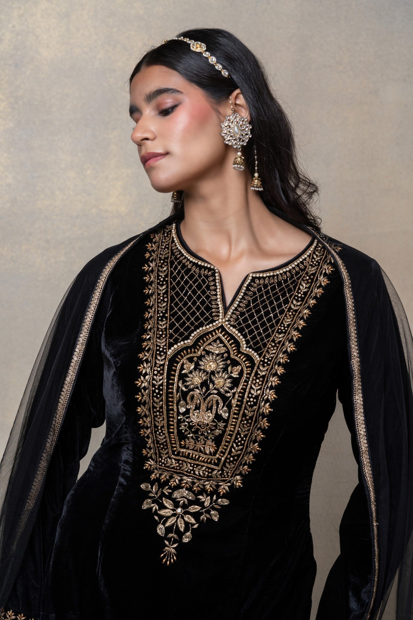 Onyx black velvet zari embroidered suit set